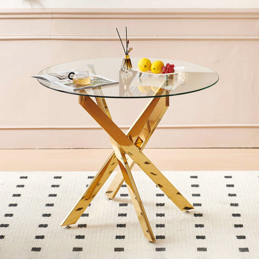 Dining Table With Cross Metal Leg And Tempered Glass, Modern Space Saving Kitchen Table For Living Room
