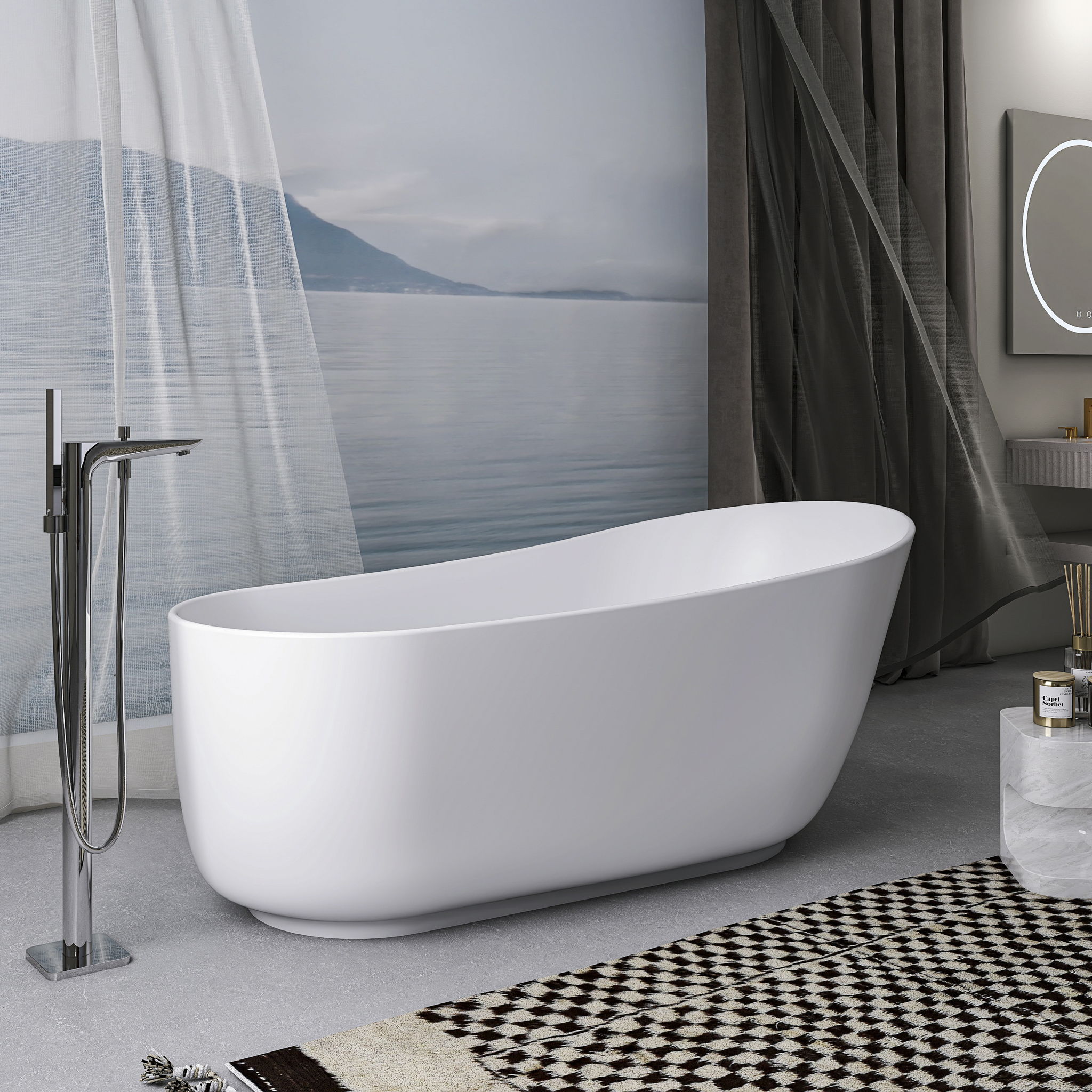 Solid Surface Stone Resin Oval Shape Soaking Bathtub With Overflow For The Bathroom - Matte White