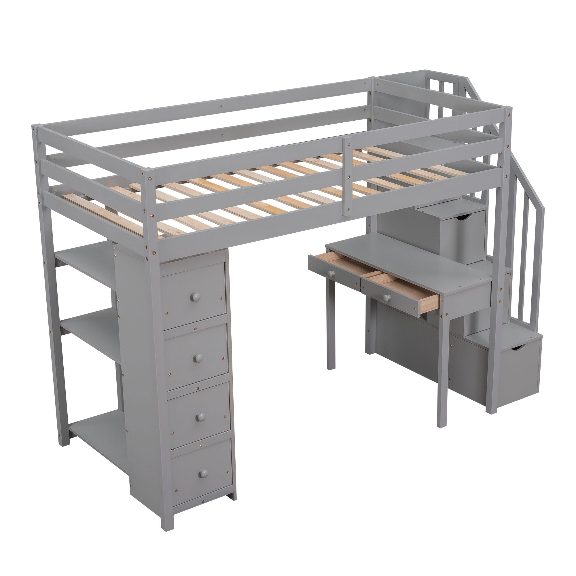 Loft Bed With Storage Drawers, Desk And Stairs With Shelves