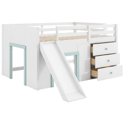 Modern Low Loft Bed With Slide, 3 Storage Drawers, And 2 Doors