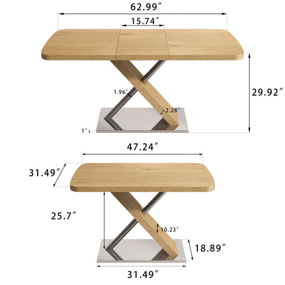 Retractable Square Dining Table, Seating 4 - 6 People, Cross Base With Stainless Steel Tubing, Expandable - Natural