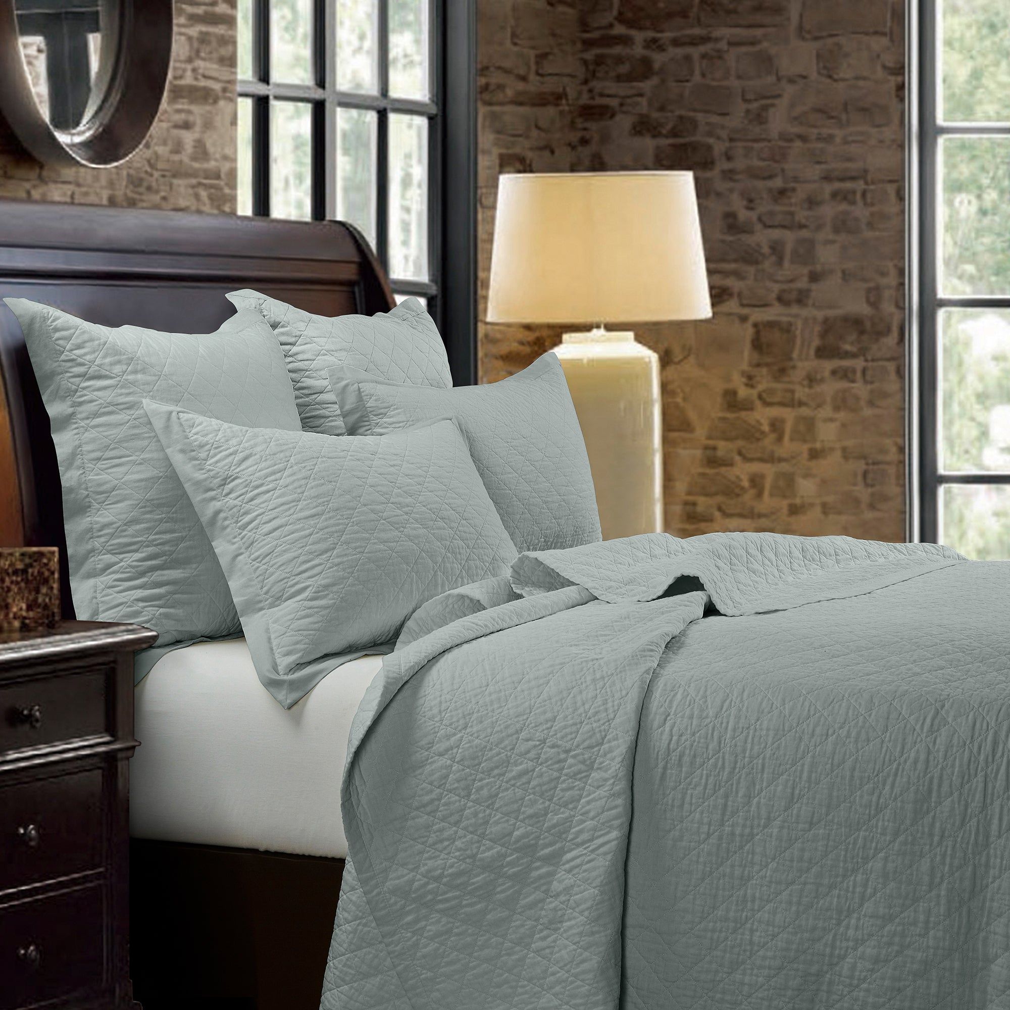 Diamond Linen - King Linen Cotton Diamond Quilt Set (Set of 3) - Seaglass