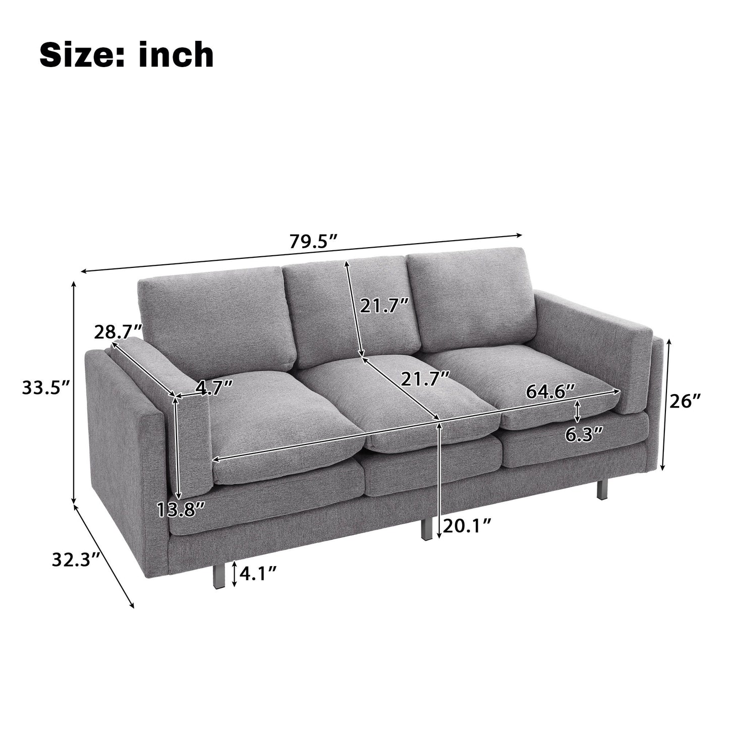 3 Seater Sofa With Dual Layer Seat Cushions