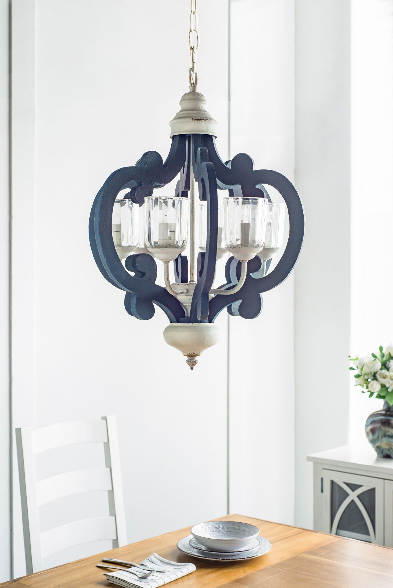 Wood Chandelier 6 Light Farmhouse Pendant Lighting Wood Hanging Light Fixture For Kitchen Living Dining Room, Bulb Not Included - Cream