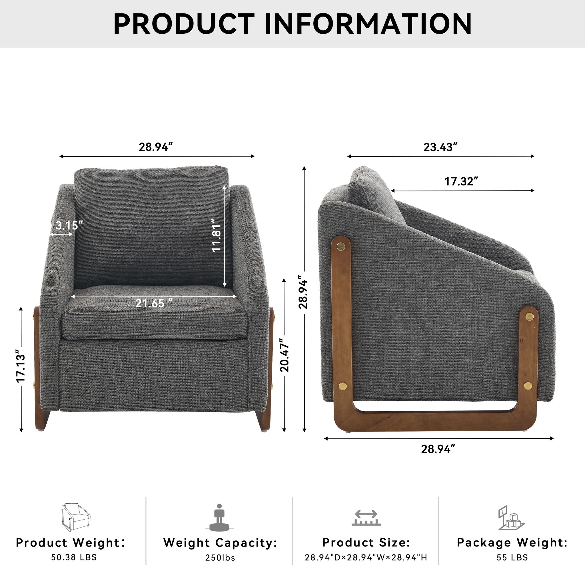 Modern Upholstered Armchair With Wooden Side Frame