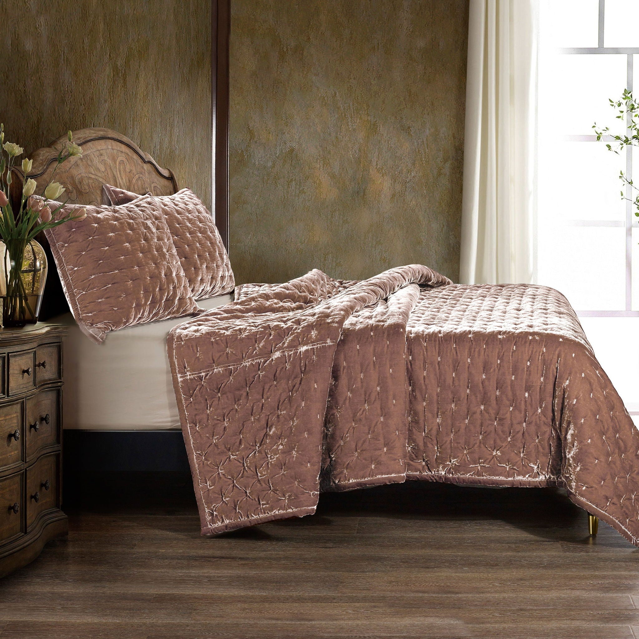 Stella - Full/Queen Faux Silk Velvet Pintuck Quilt Set (Set of 3) - Dusty Rose