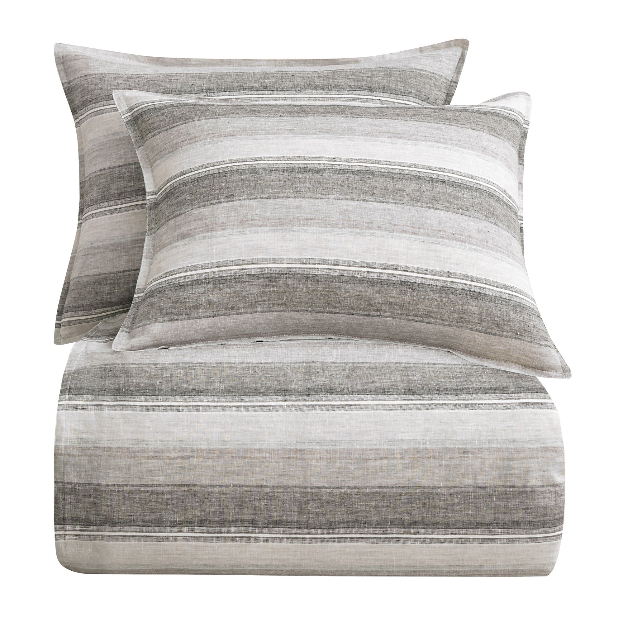 100% French Flax Linen - King Variegated Stripe Duvet Cover Set (Set of 3) - Charcoal