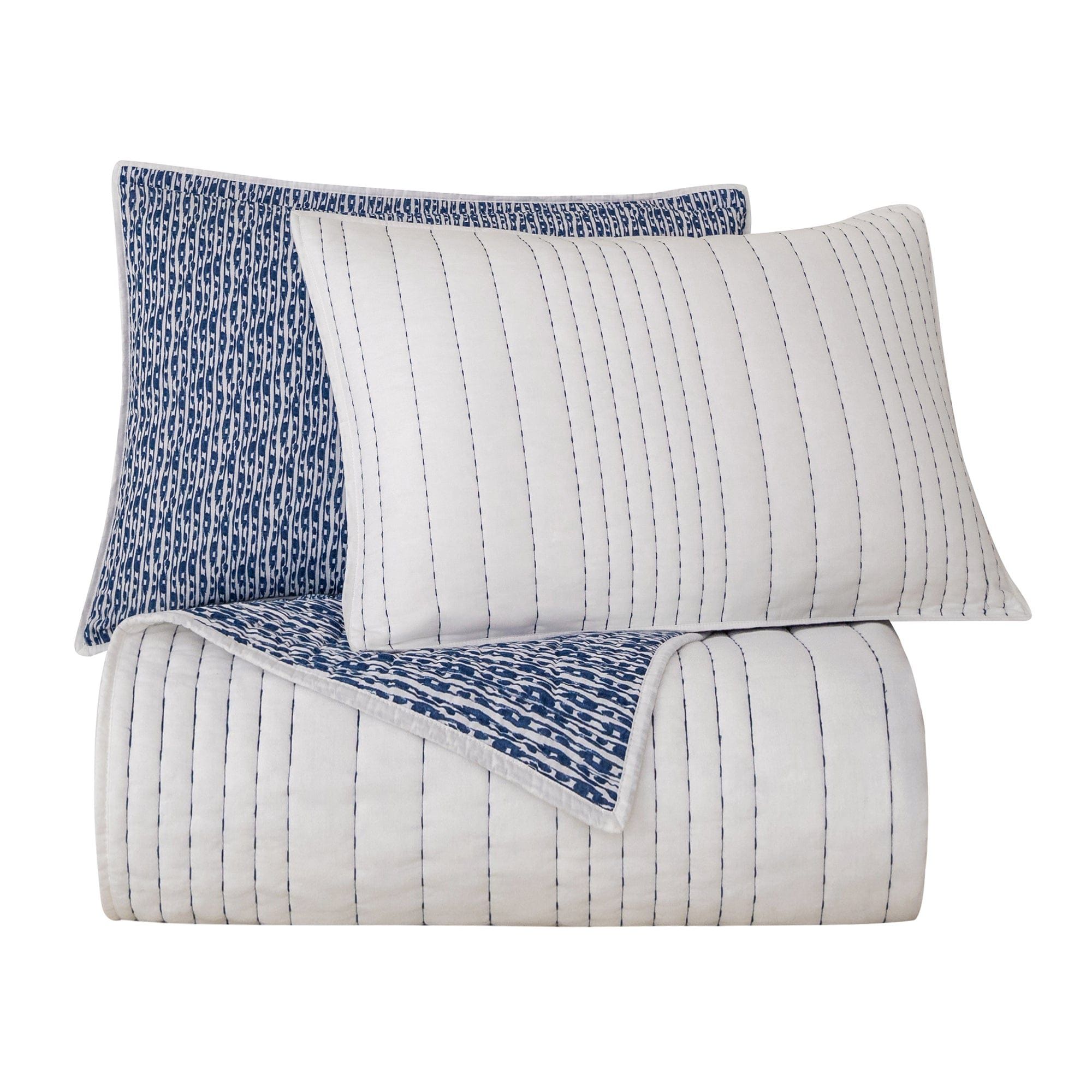 Indigo - King Staccato Reversible Quilt Set (Set of 3) - Blue / White