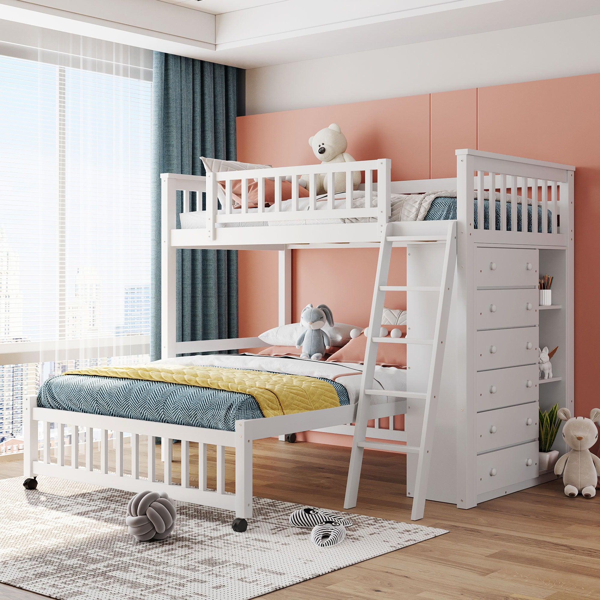 Bunk Bed With 6 Drawers And Flexible Shelves, Bottom Bed With Wheels