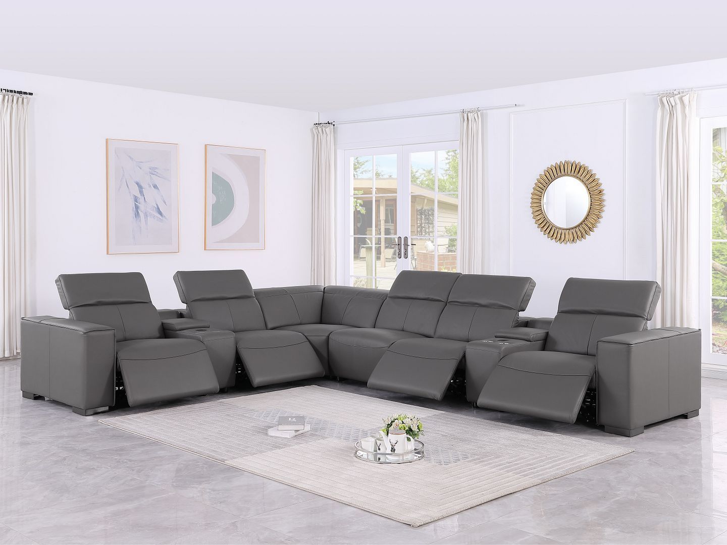 1208 - 8 Piece L Shaped Leather Sectional With 4 Power Recliners & Power Headrests