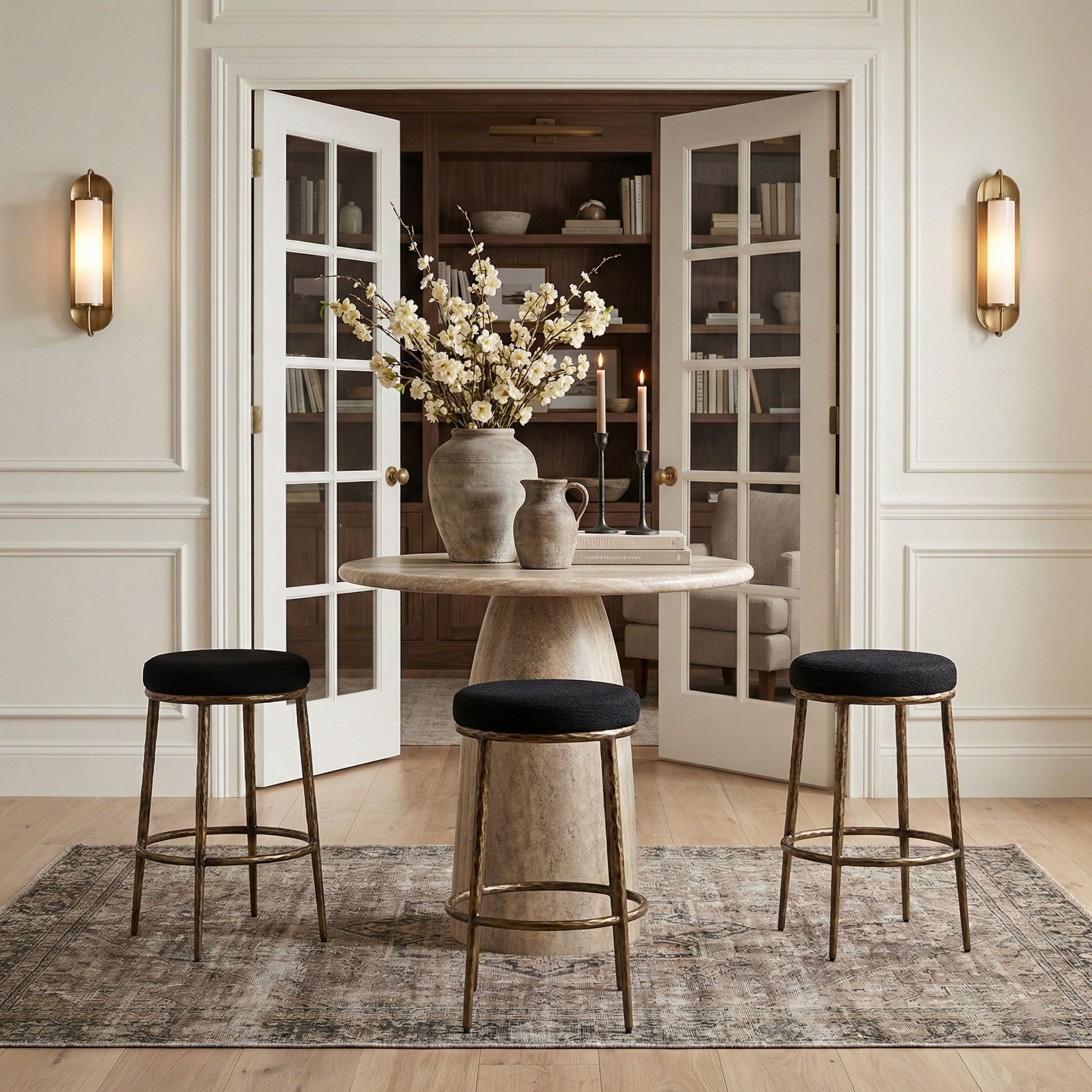 Ferro - Performance Fabric Upholstered Backless Bar Stool - Antique Brass