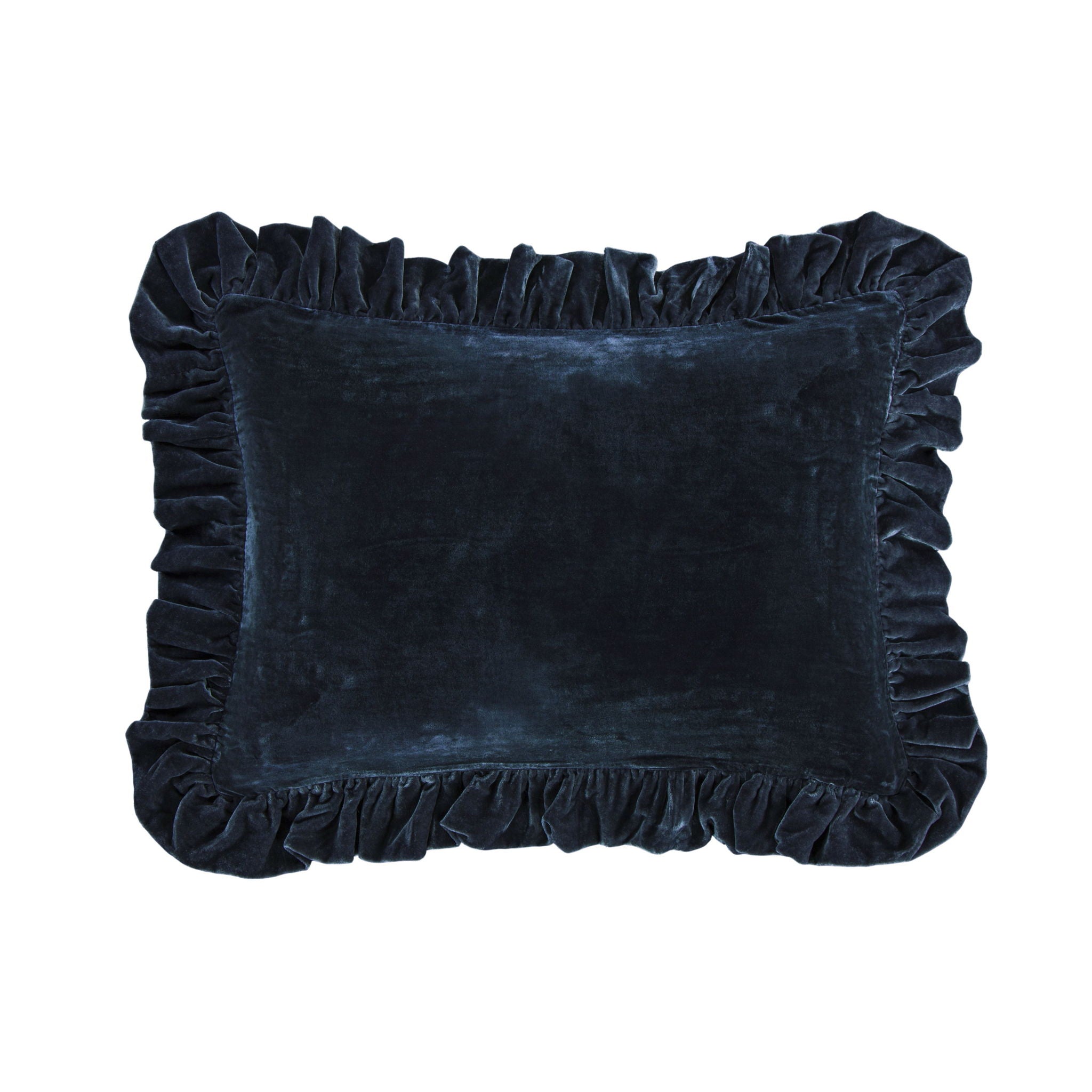 Stella - Faux Silk Velvet Ruffled Oblong Pillow - Midnight Blue