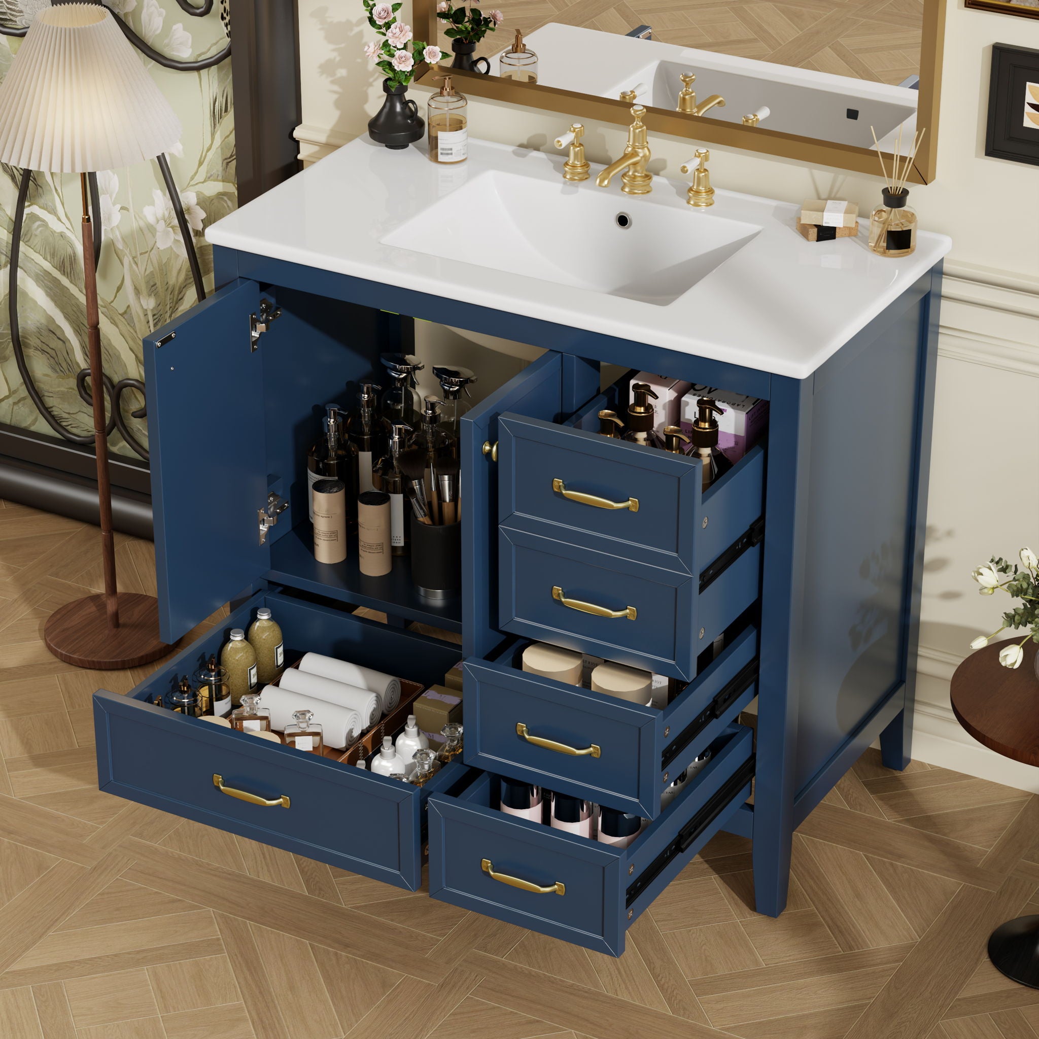 Elegant Vintage Bathroom Vanity With Sink And Soft Closing Door, 4 Drawers Of Different Sizes Frame