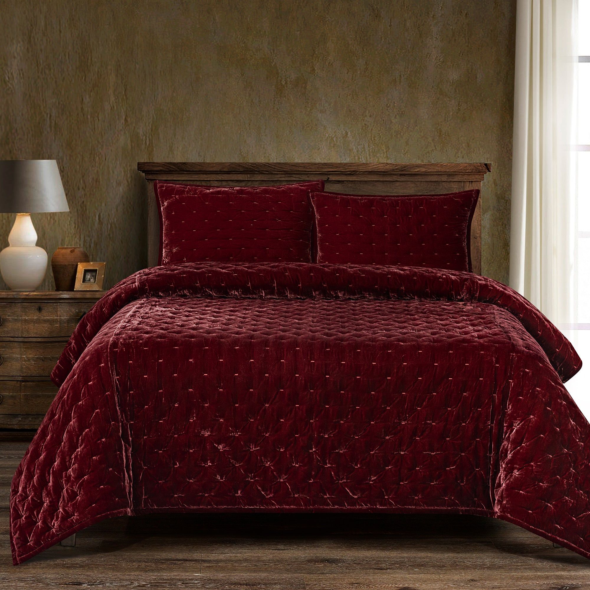 Stella - Twin Faux Silk Velvet Pintuck Quilt - Garnet Red