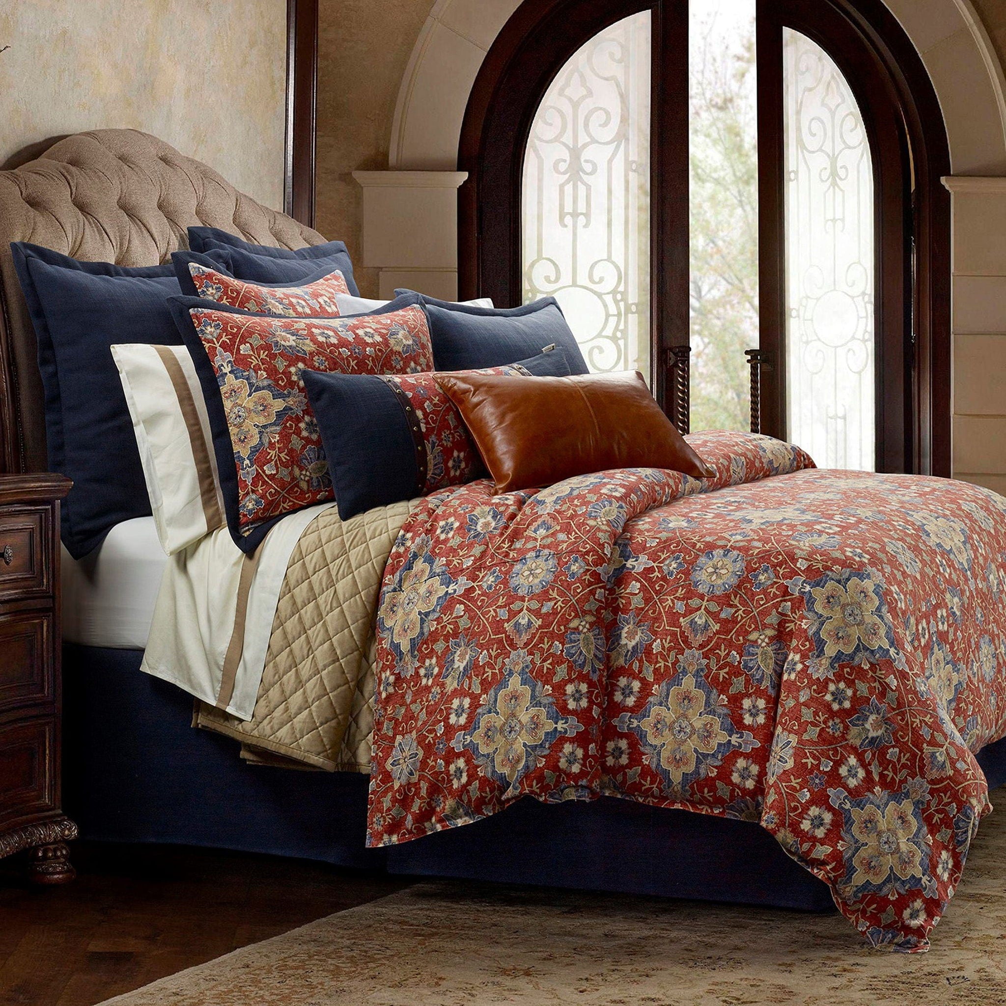 Melinda - King Washed Linen Duvet Cover Set (Set of 3) - Red / Navy