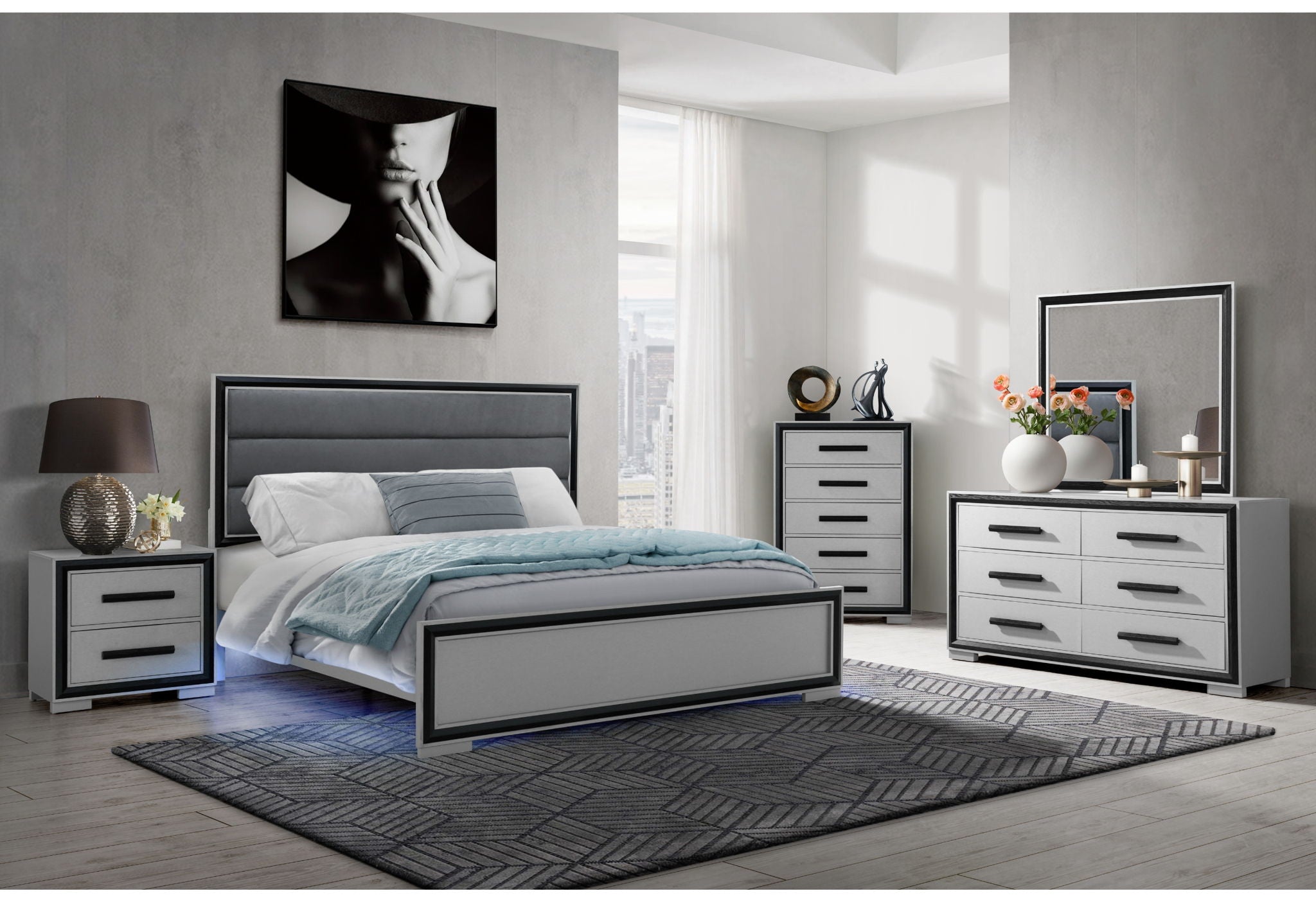 Amelia - 4 Piece King Bedroom Set (King Bed With LED, Dresser, Mirror And Nightstand) - Black / Gray