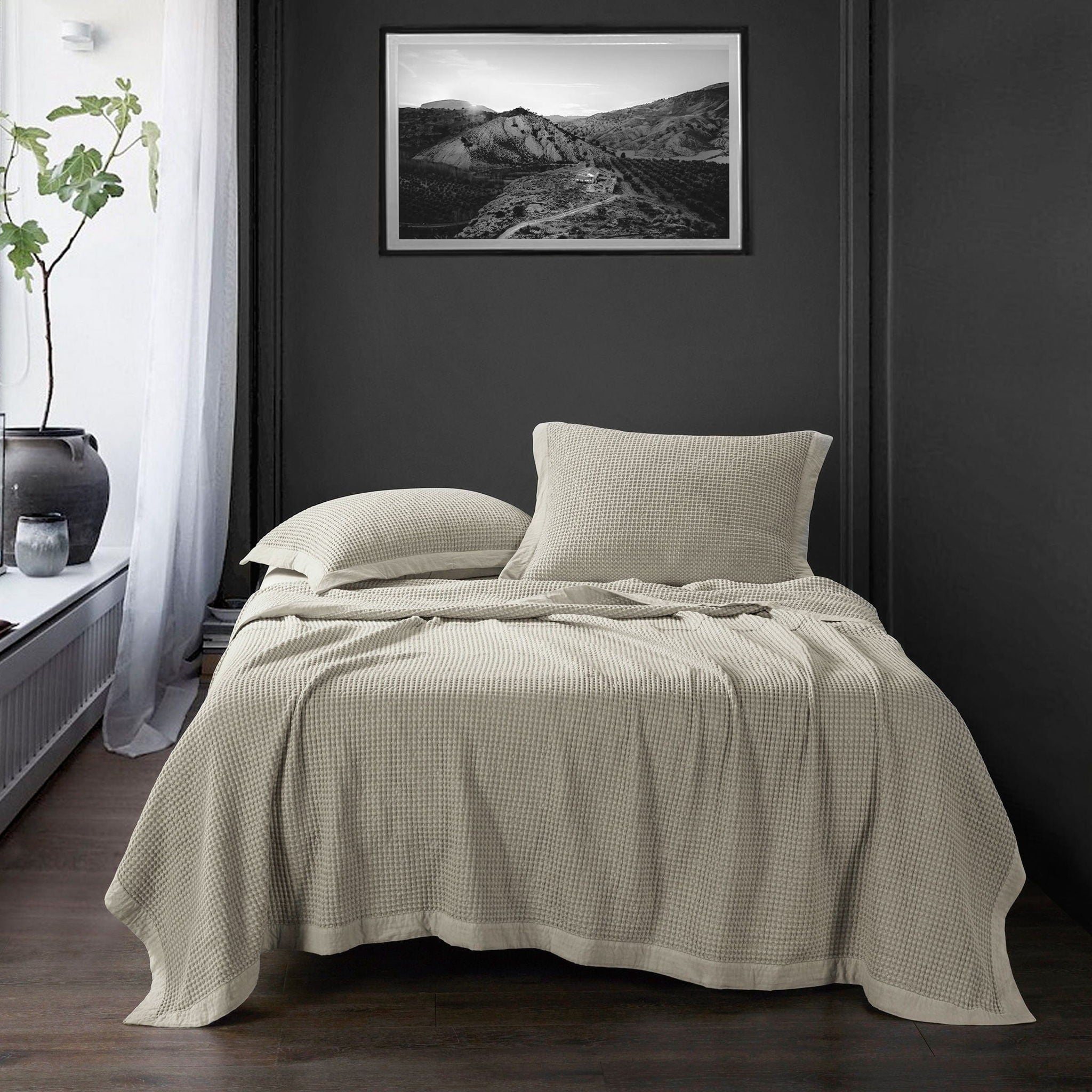 Stonewashed Cotton Waffle Weave - Twin Coverlet - Light Tan