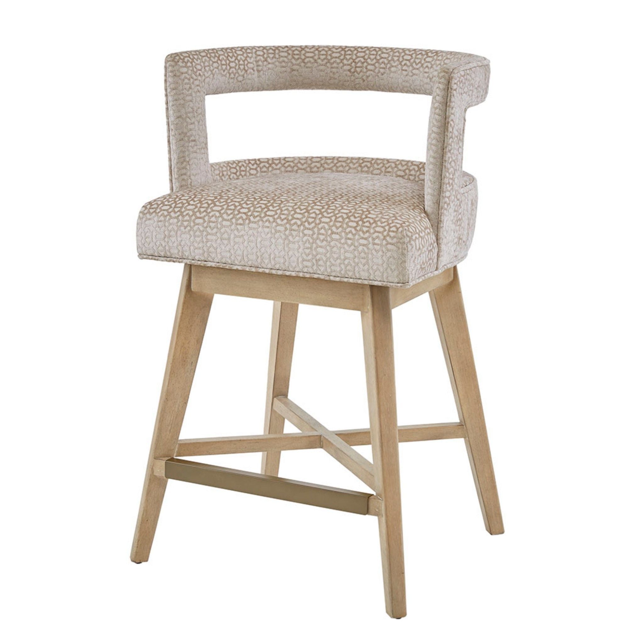 Design Swivel Counter Stool With Low Back Support Polyester And Solid Wood - Cream