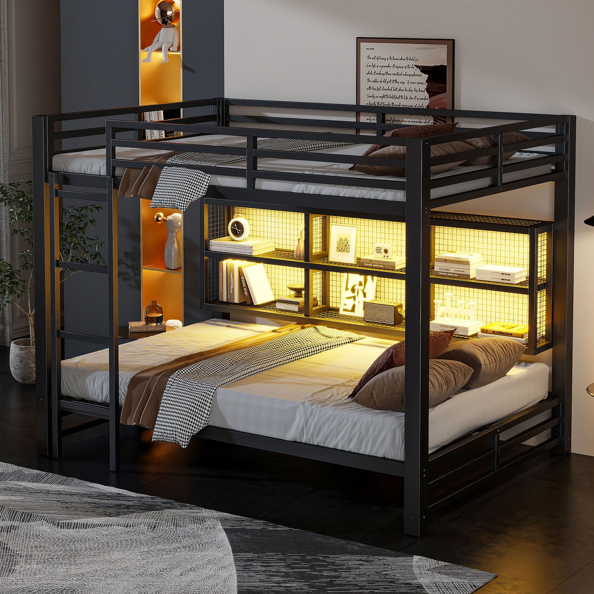 Queen Over Queen Bunk Bed With Storage Cabinets And LED Sturdy Frame, 6 Storage Units, Adjustable LED Lights - Black