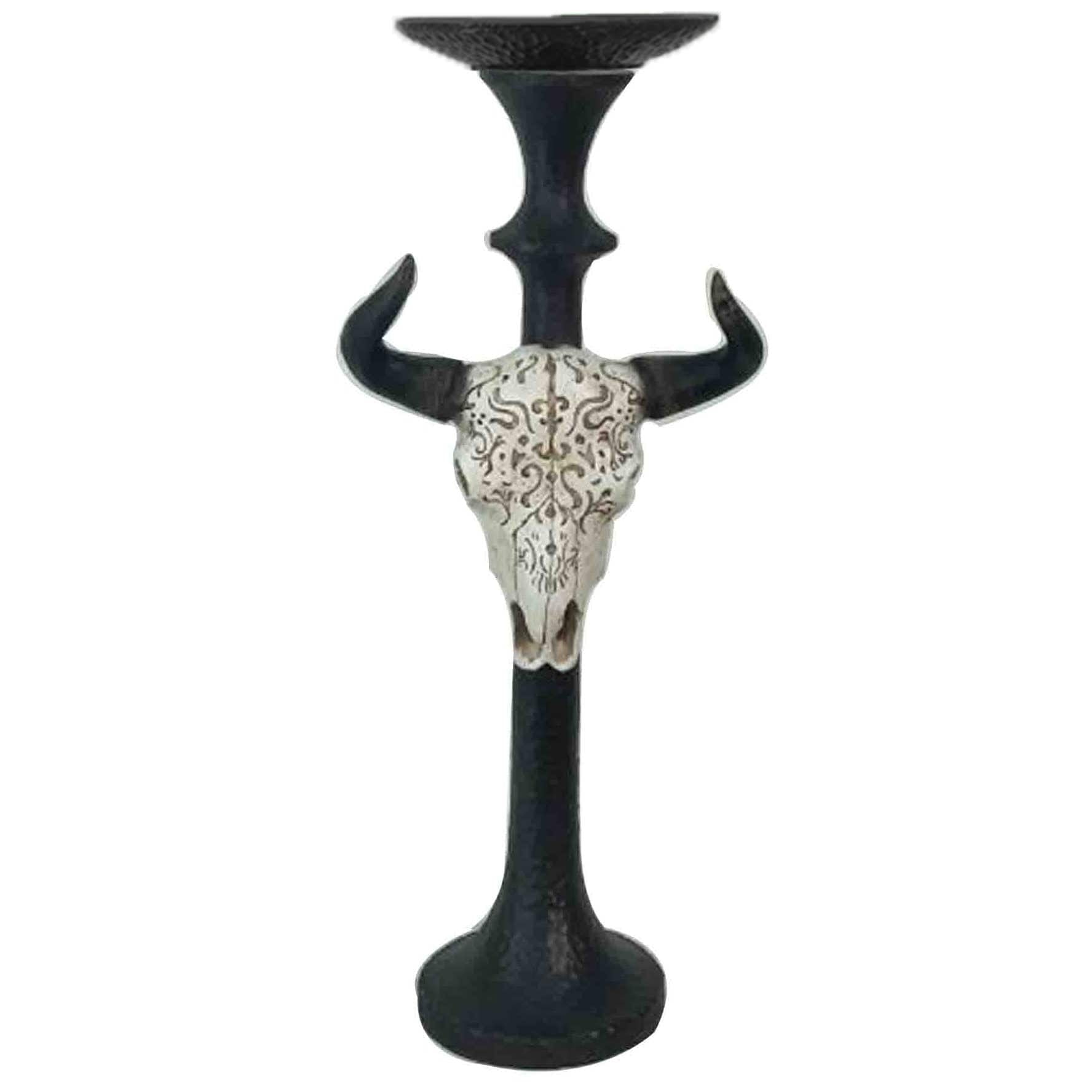 Candle Holder - Carved Skull Tapered Pillar Candle Holder, 2 Per Carton - Black