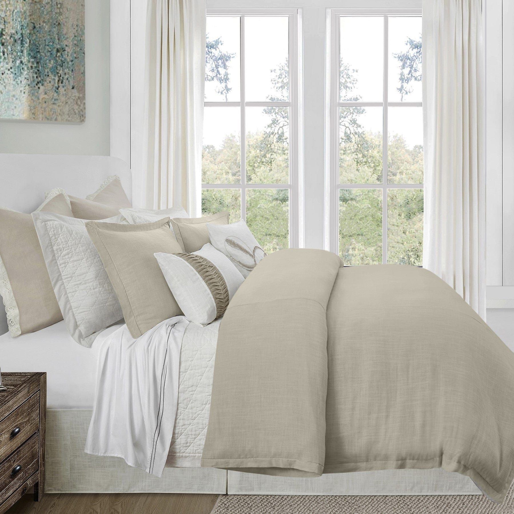 Hera - King Washed Linen Flange Comforter Set (Set of 3) - Light Tan