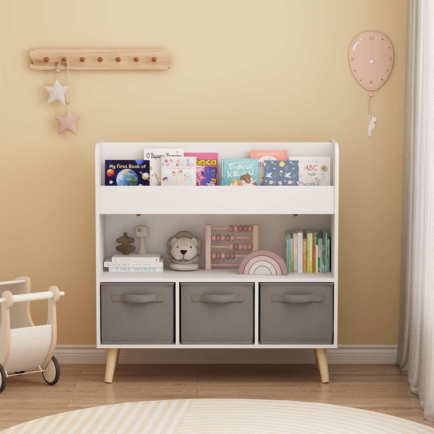 Bookshelf With 3 Bins, Storage Shelf For Toys And Books - White