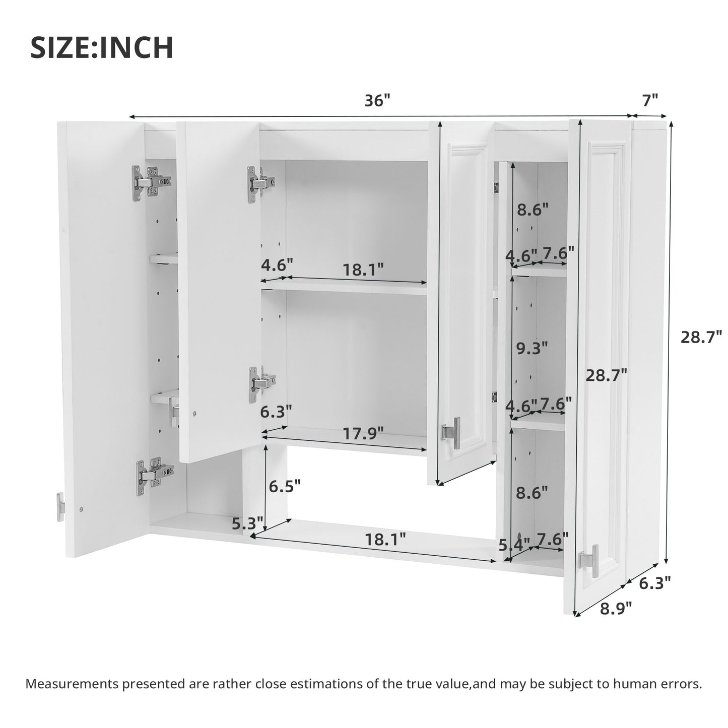 Bathroom Cabinet With 5 Adjustable Shelves, Wall-Mounted Medicine Cabinet, Soft-Closing Hinges, Open Shelving Design - White