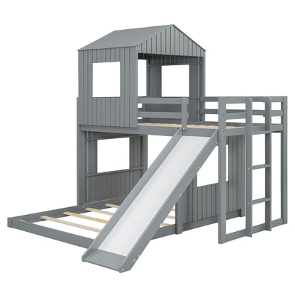 Loft Bunk Bed With Playhouse, Farmhouse, Ladder, Slide And Guardrails