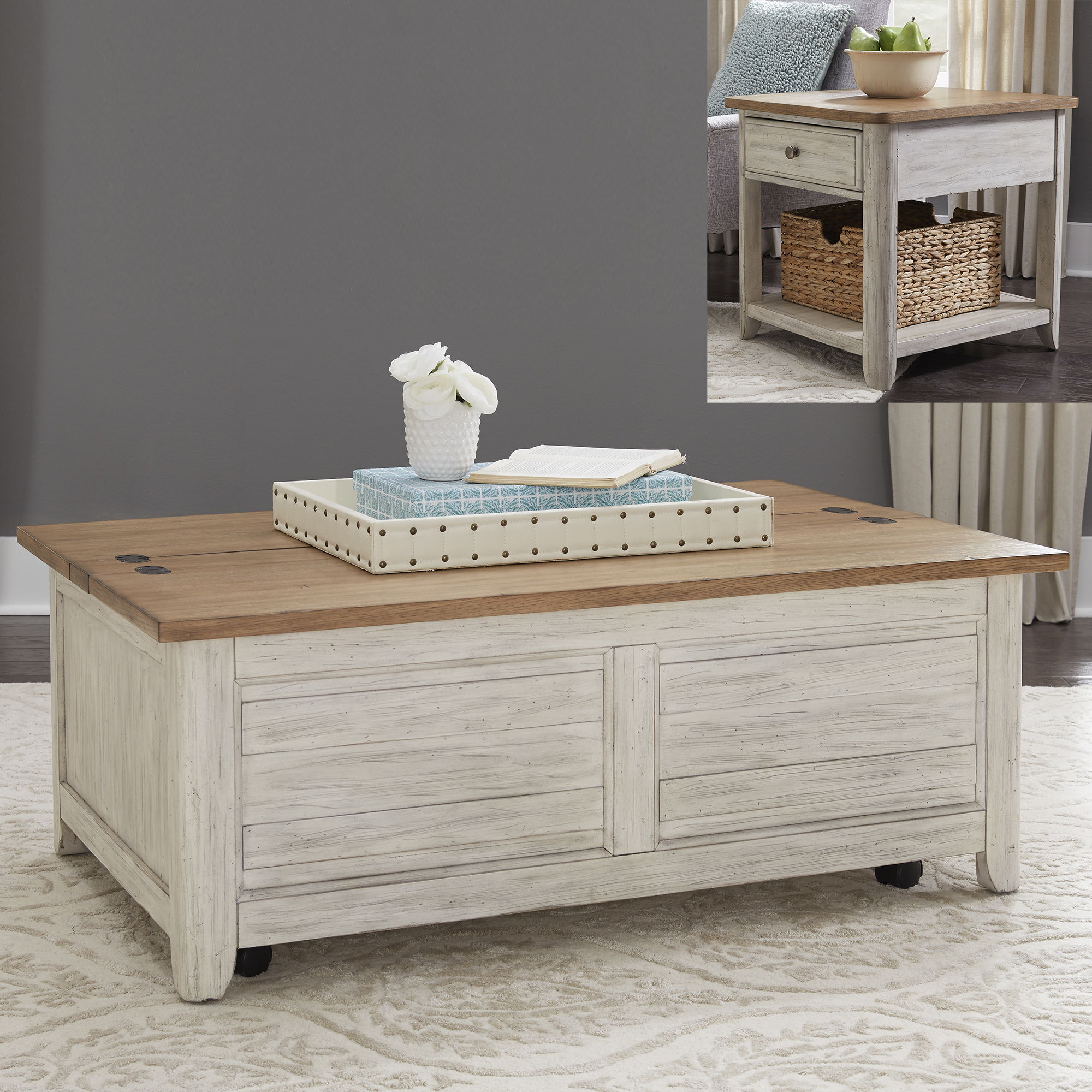 Farmhouse Reimagined - 3 Piece Table Set - Antique White / Chestnut Tops