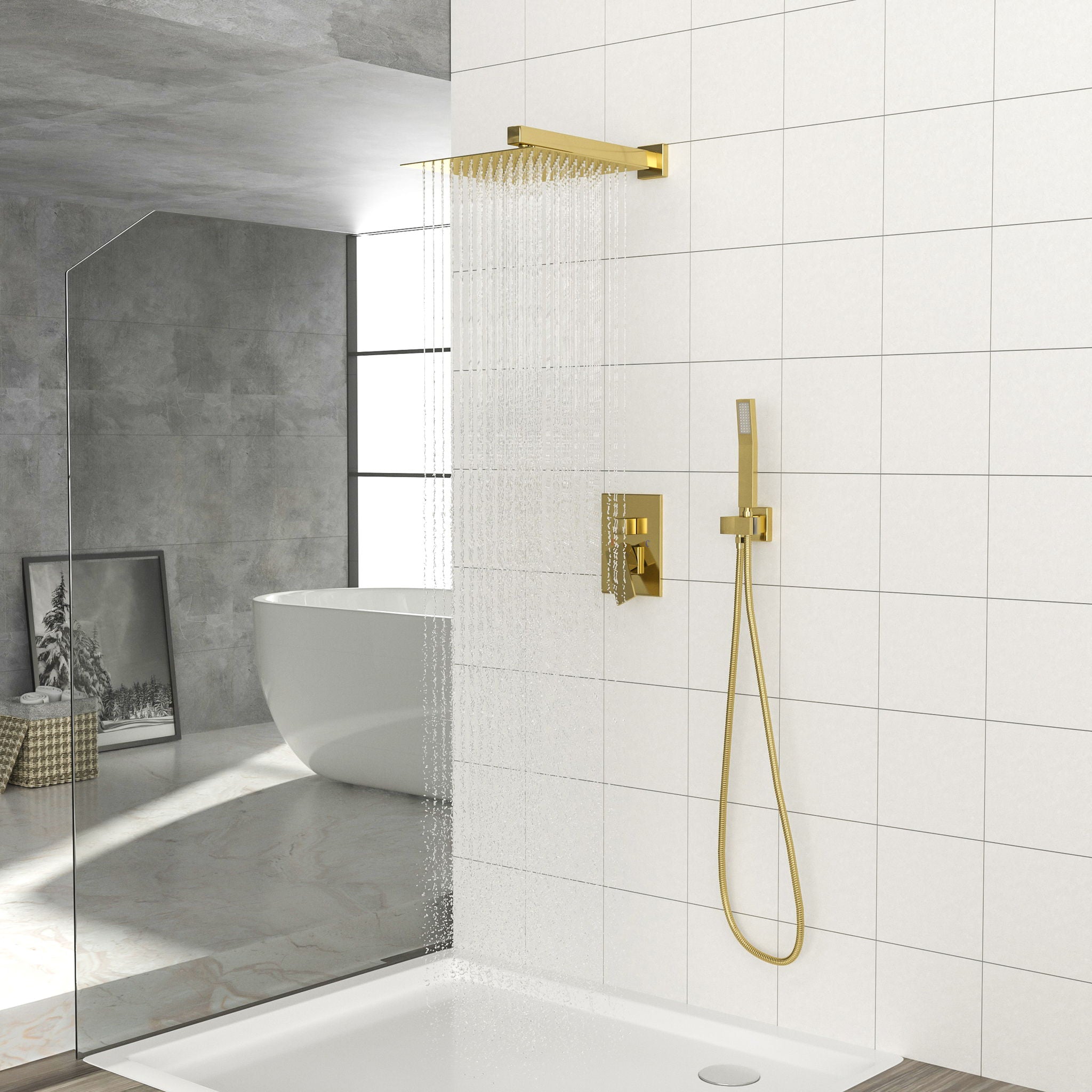 Dual Shower Head System With 12" Square Rain Shower And Rough In Valve