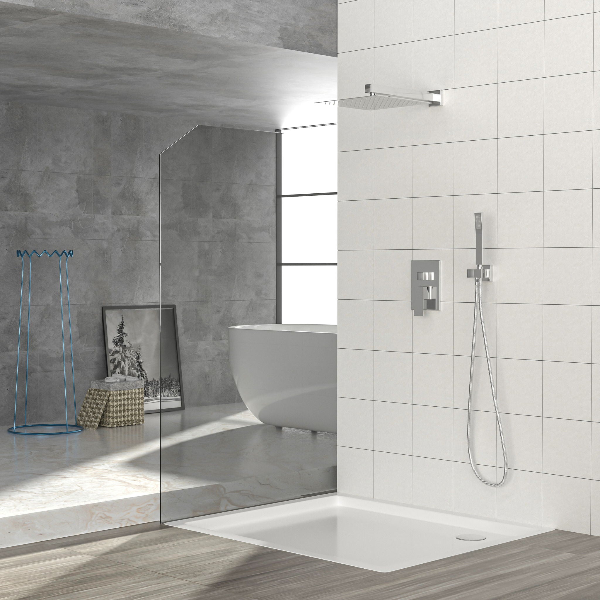 Dual Shower Head System With 12" Square Rain Shower And Rough In Valve