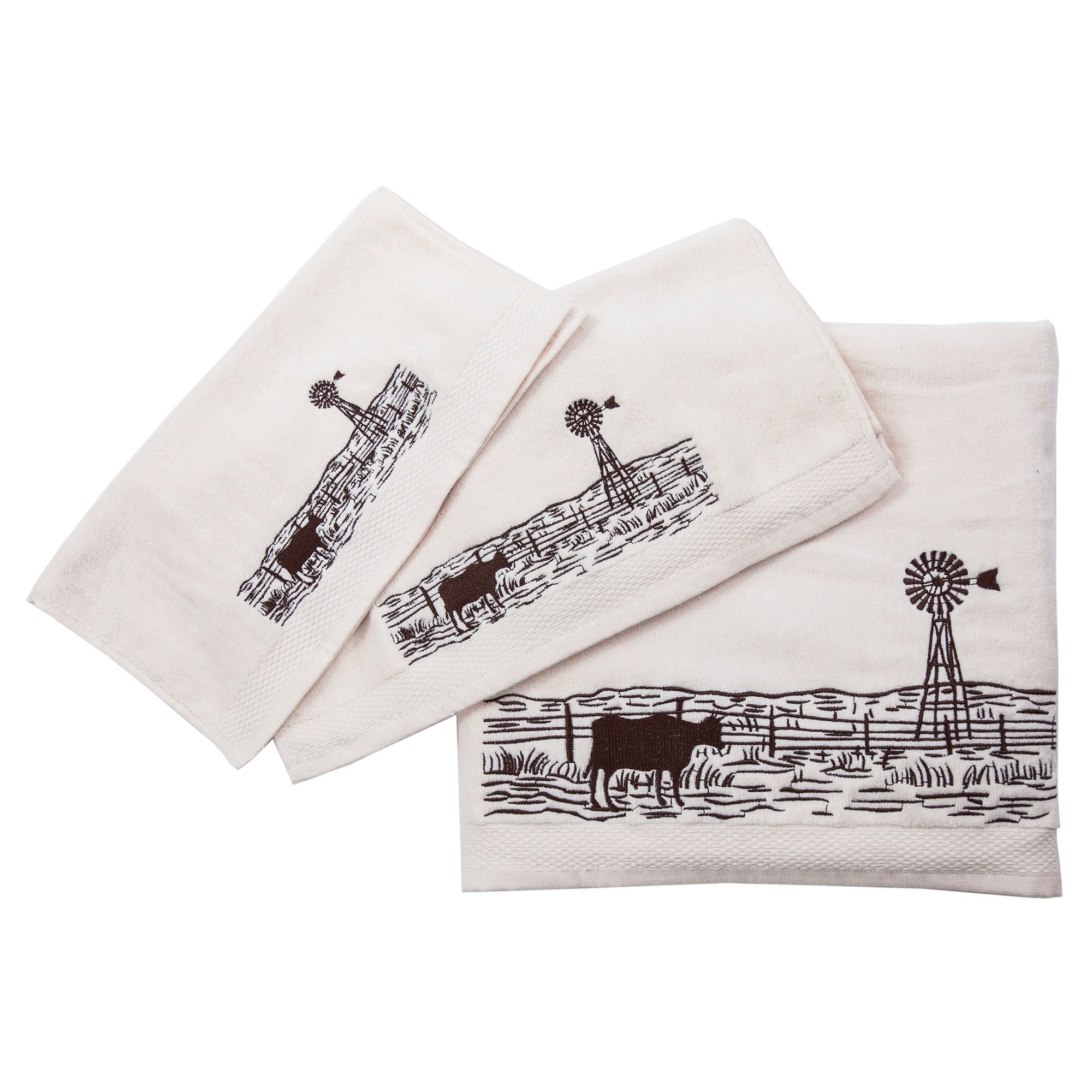 Jasper - Embroidered Windmill Landscape Towel Set (Set of 3), 2 Per Carton - Cream