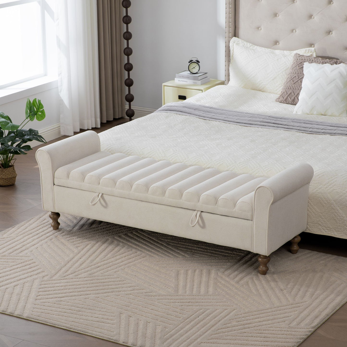 Wide Modern Upholstered Storage Bench With Rolled Armrest