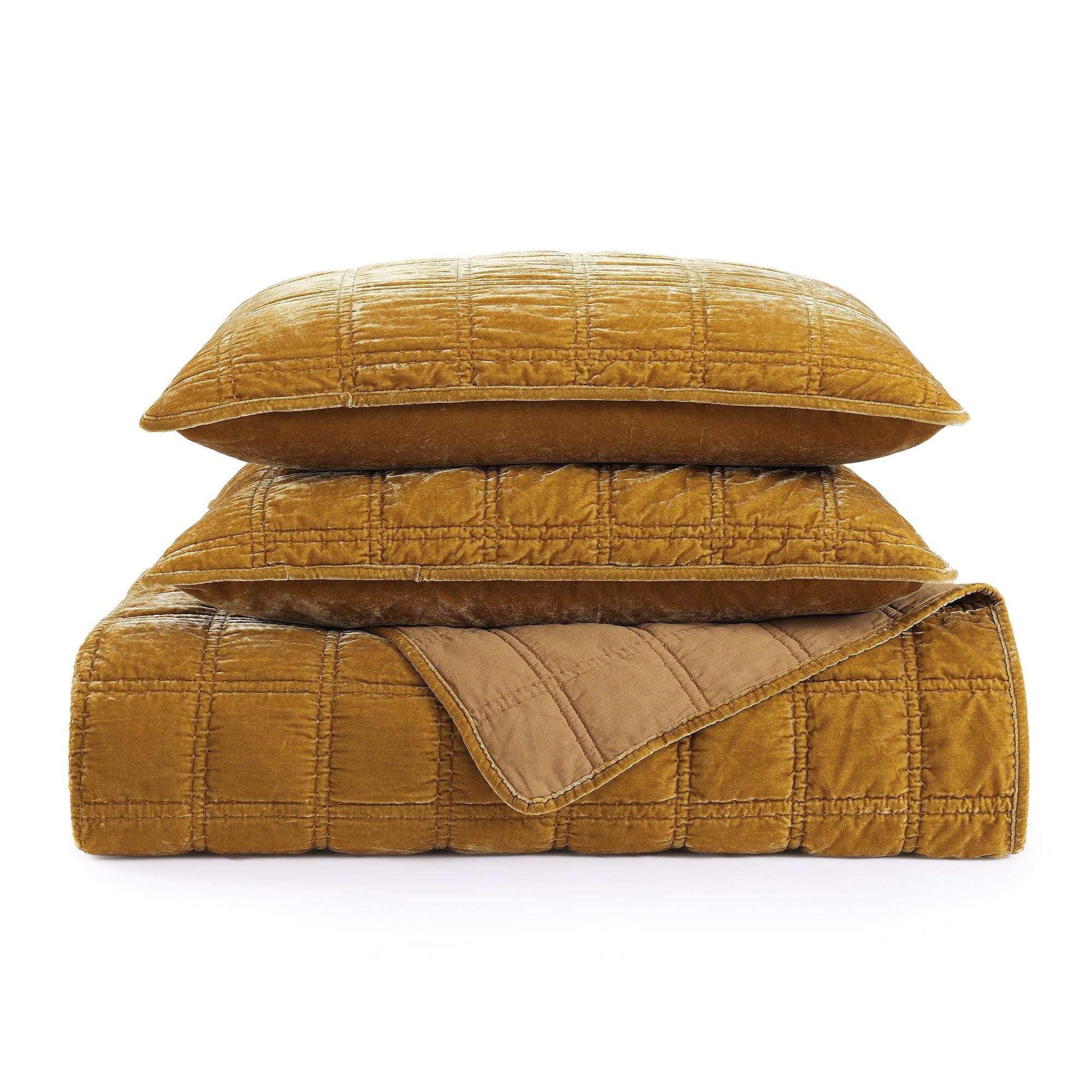 Stella - Full/Queen Faux Silk Velvet Double Box Stitch Quilt Set (Set of 3) - Saffron