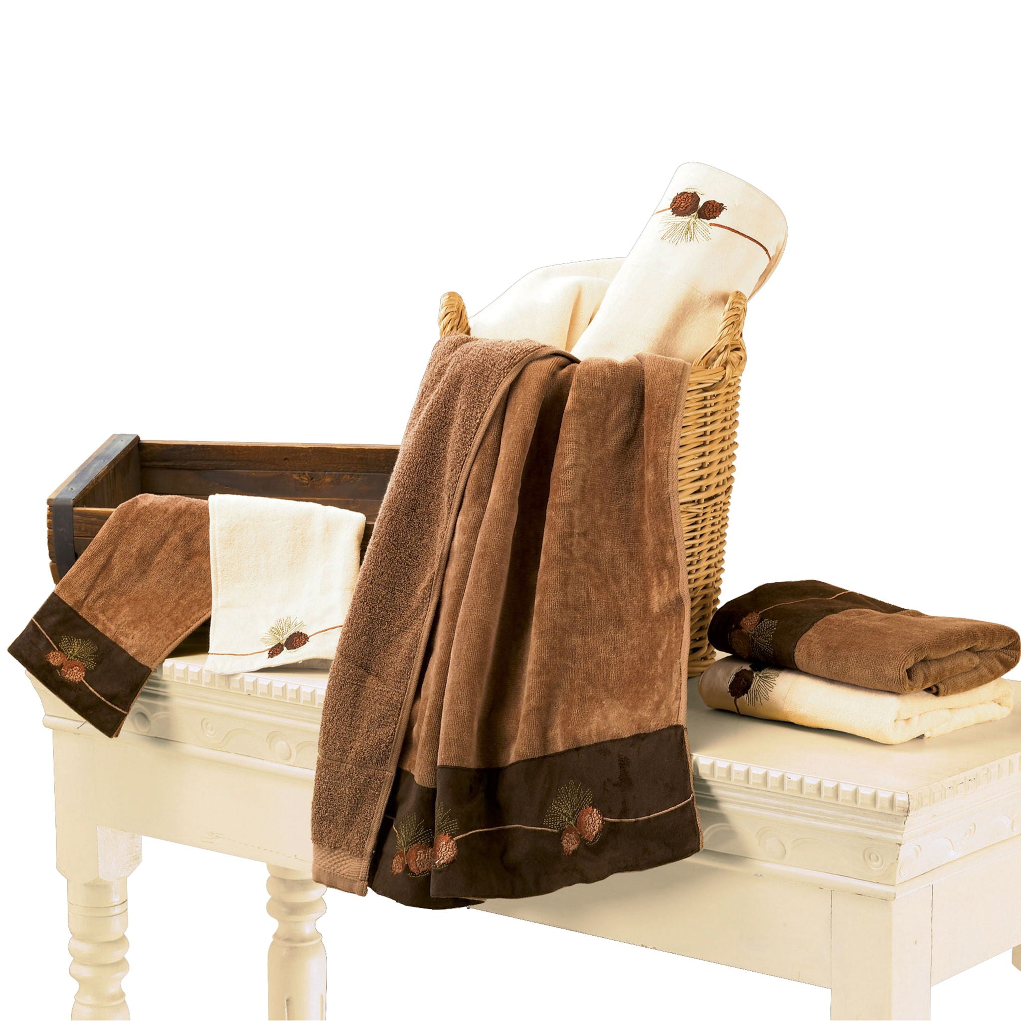 Lodge Pine Cone - Embroidered Pine Cone Towel Set (Set of 3), 2 Per Carton - Mocha