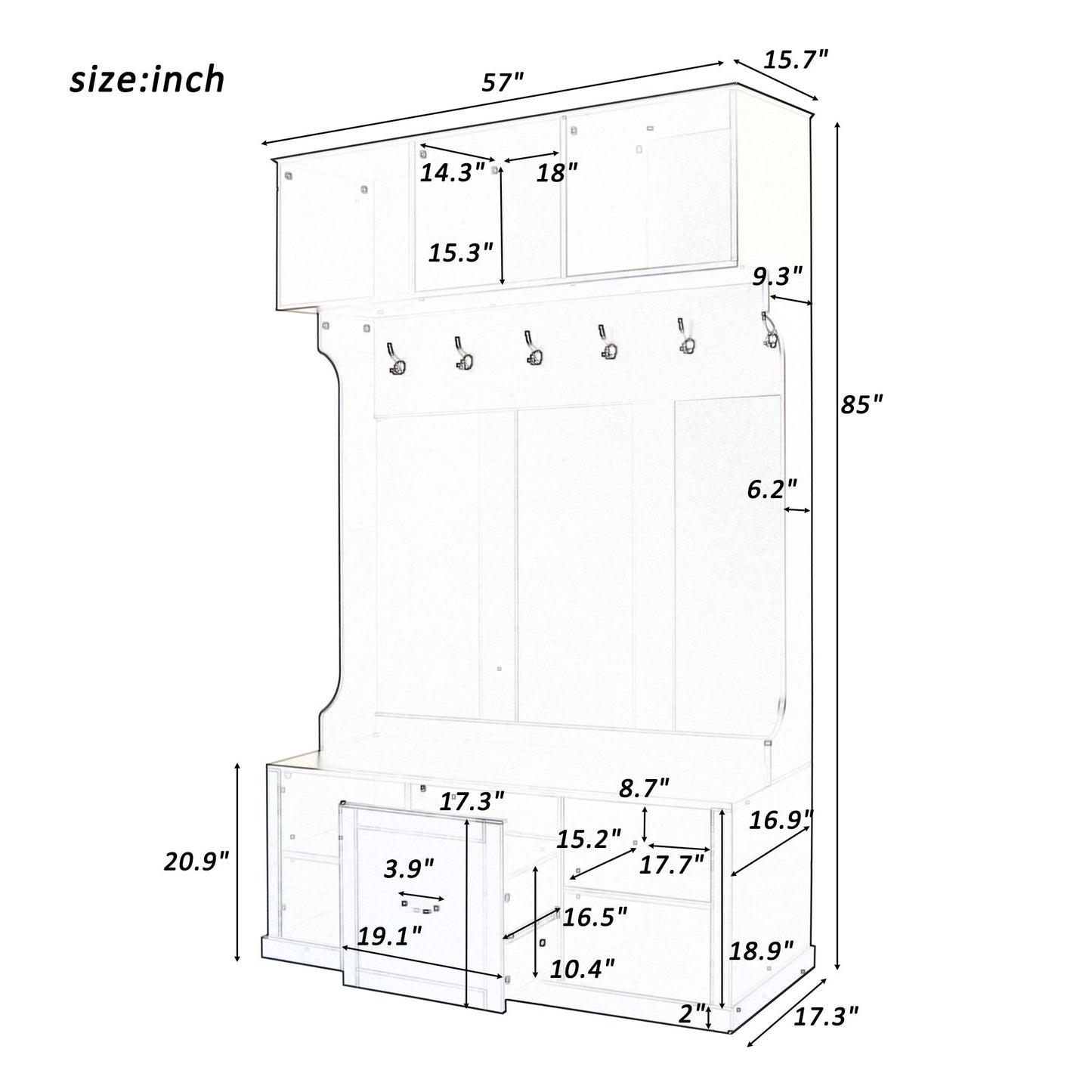 Hall Tree With 6 Hooks, Coat Hanger, Entryway Bench