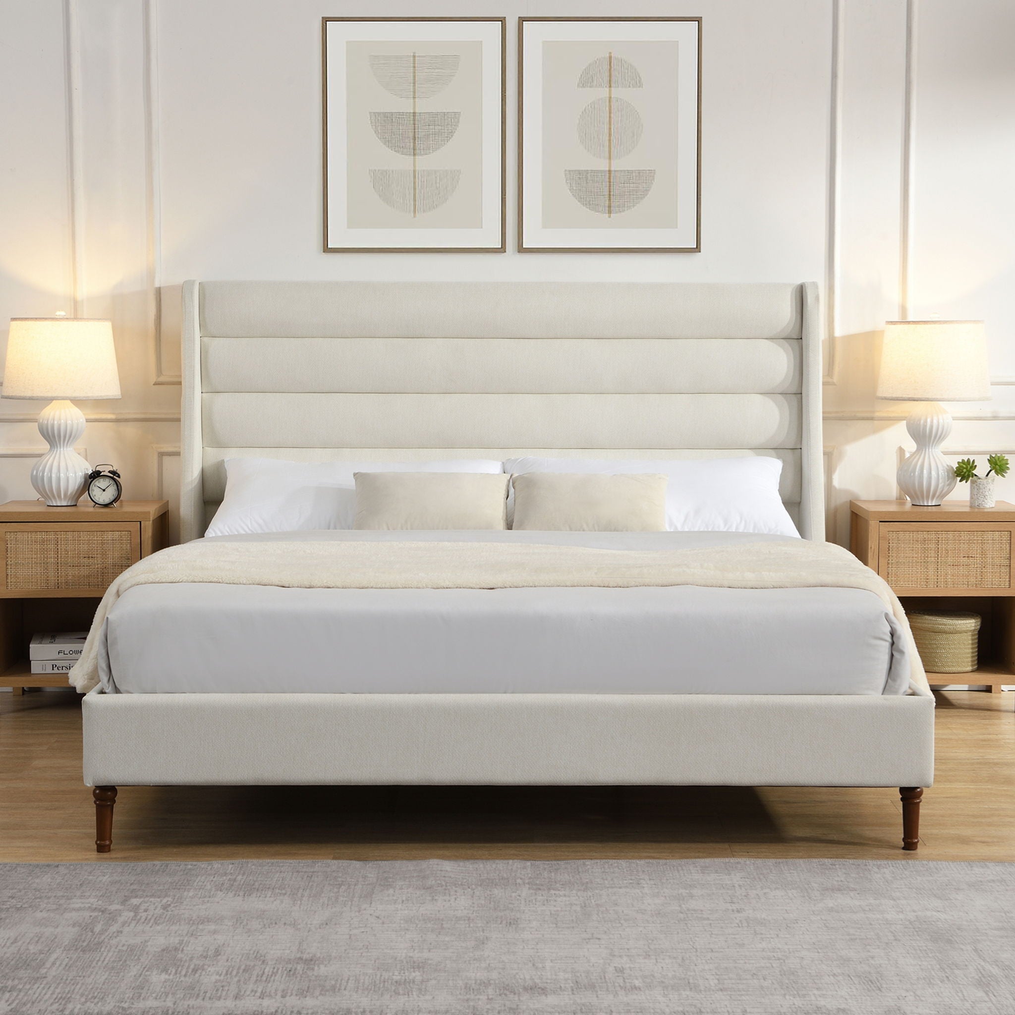 Modern Upholstered Platform Bed With Wave Shaped Headboard