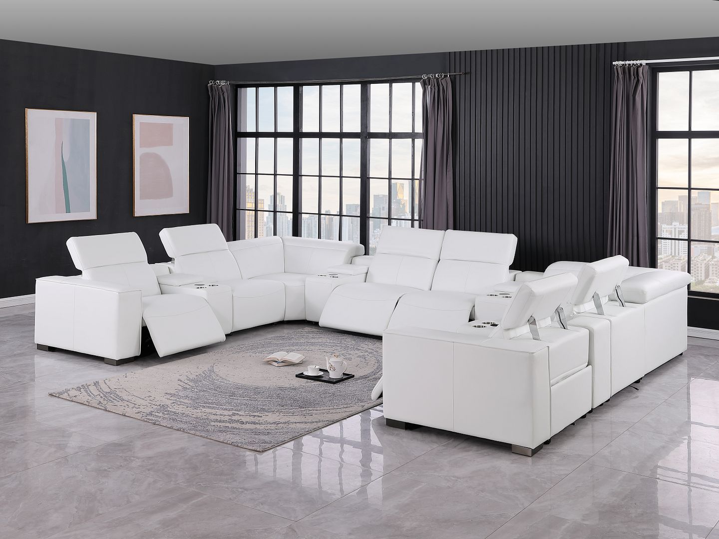 1208 - 12 Piece U Shaped Leather Sectional With 4 Power Recliners & Power Headrest