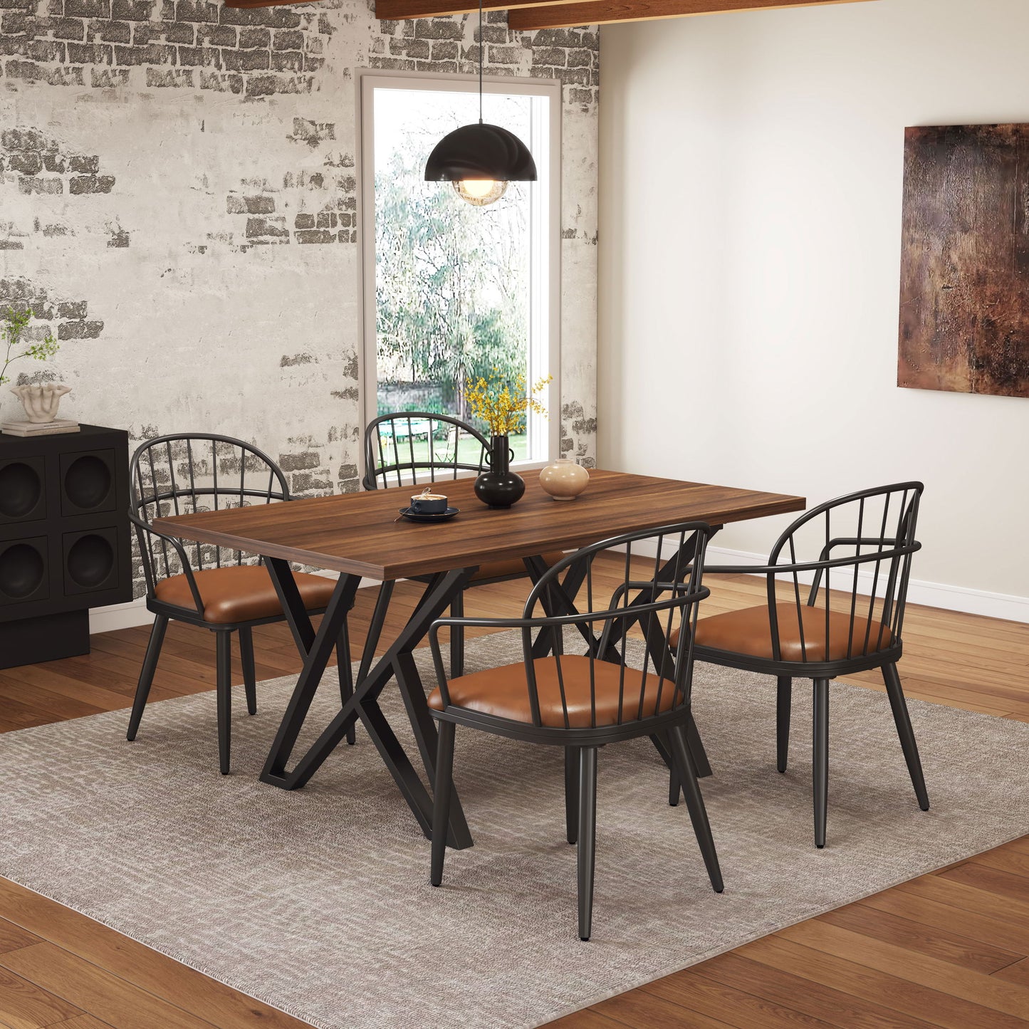 5 Piece Industrial Style Indoor Upholstered Dining Set With Metal Legs - Brown