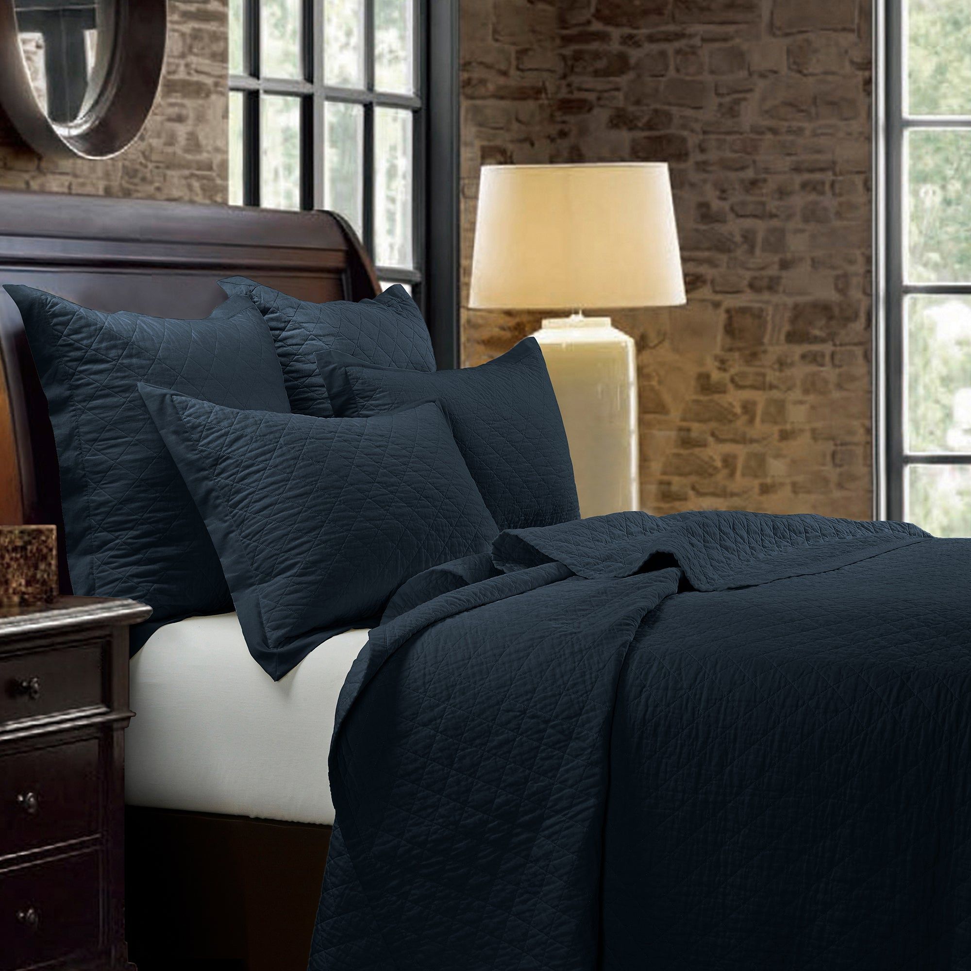 Diamond Linen - Full/Queen Linen Cotton Diamond Quilt Set (Set of 3) - Navy