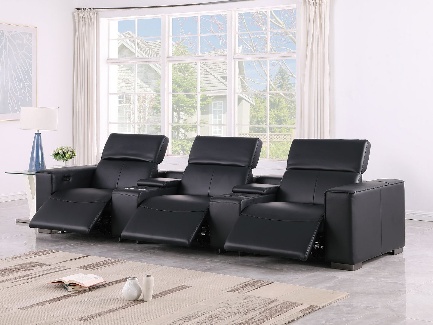 1208 - Leather Sofa With 3 Power Recliners And Two Storage Consoles