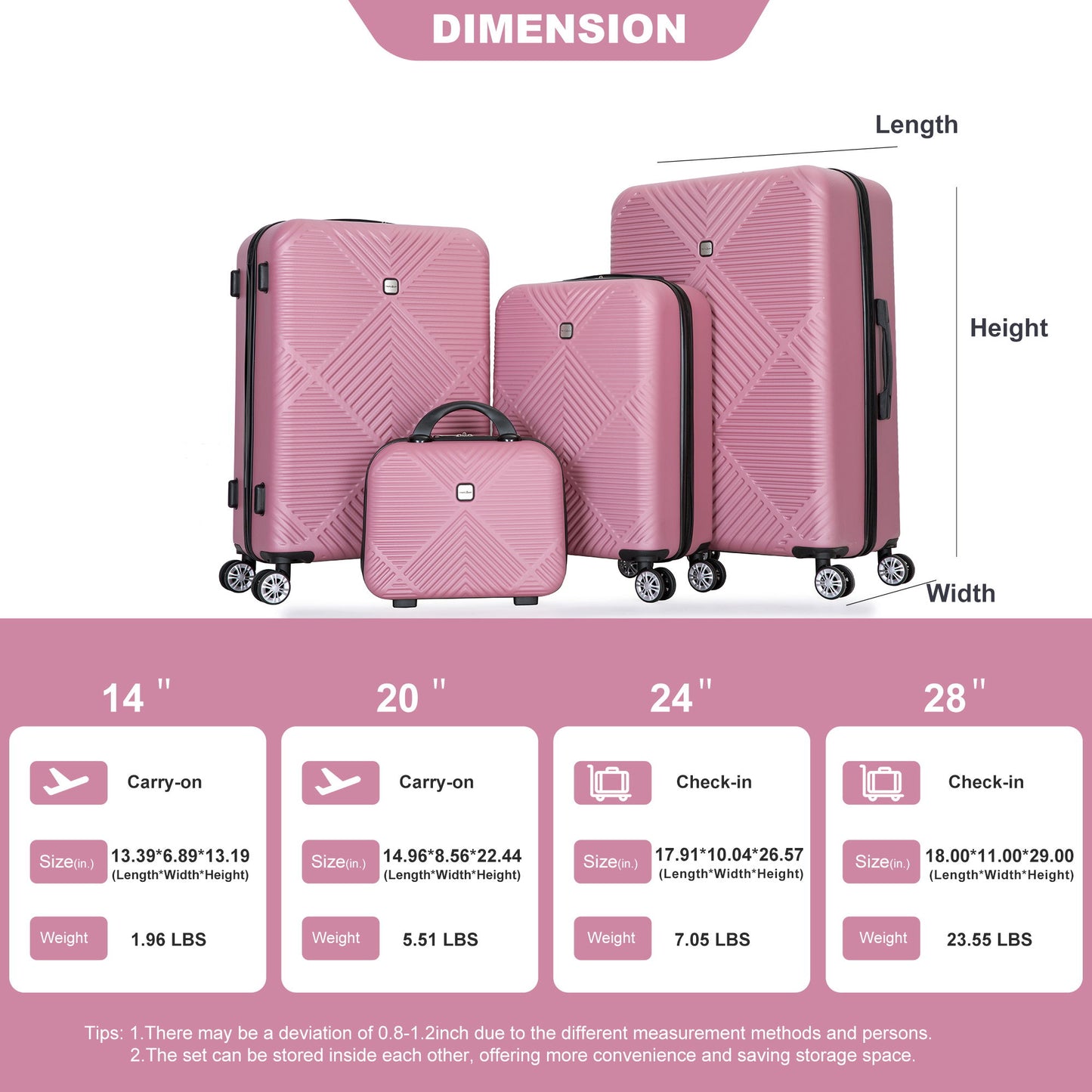 4 Piece Lightweight Suitcase, Makeup Box, Aircraft Wheels