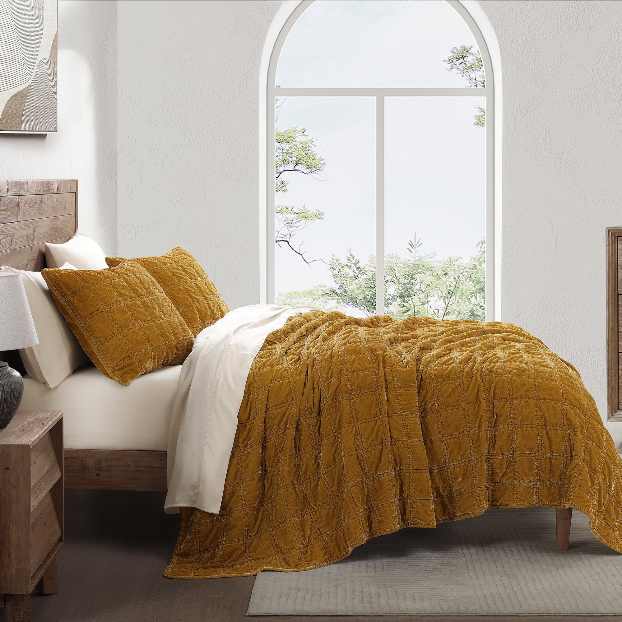 Stella - King Faux Silk Velvet Double Box Stitch Quilt Set (Set of 3) - Saffron