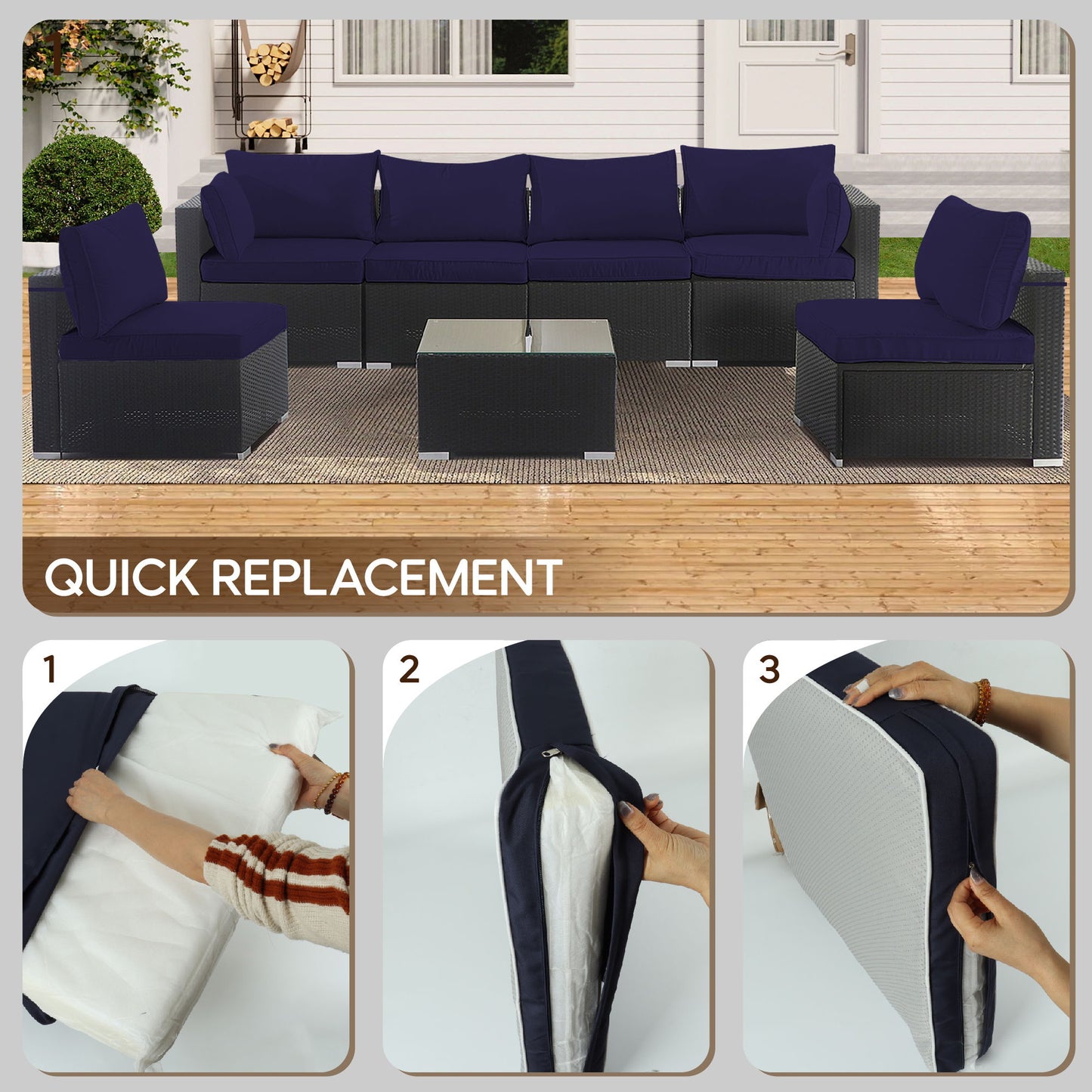 Cushion Covers For 7 Piece Wicker Sectional Sofa, 14 Pack Seat And Back Slipcovers With Zipper