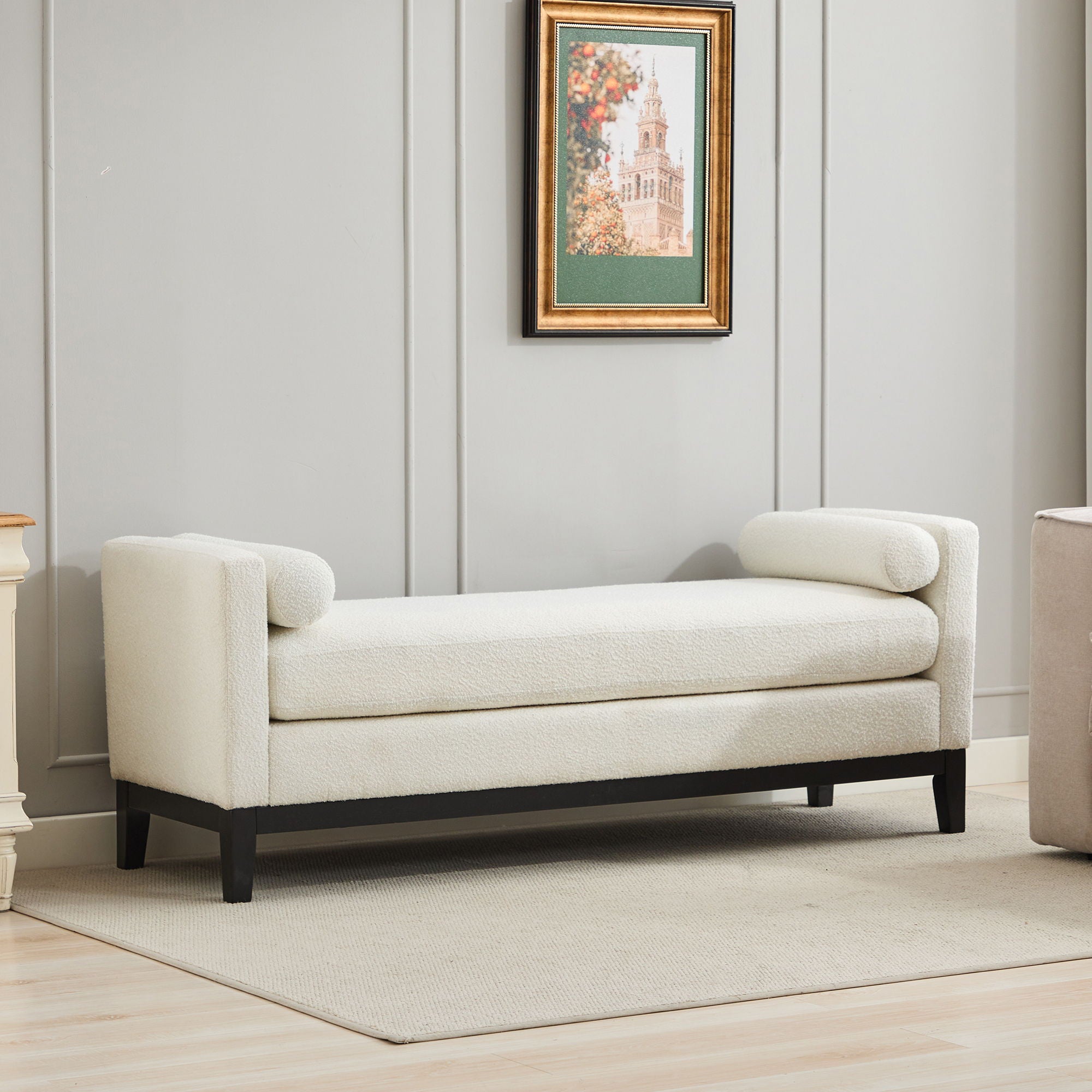 Elegant Upholstered Bench, Daybed, Ottoman With Wood Legs & Bolster Pillows