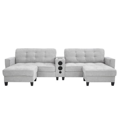 Modern Sectional Sofa U-Shaped With Movable Ottomans, Bluetooth Speakers, LED Lights And Modular Storage
