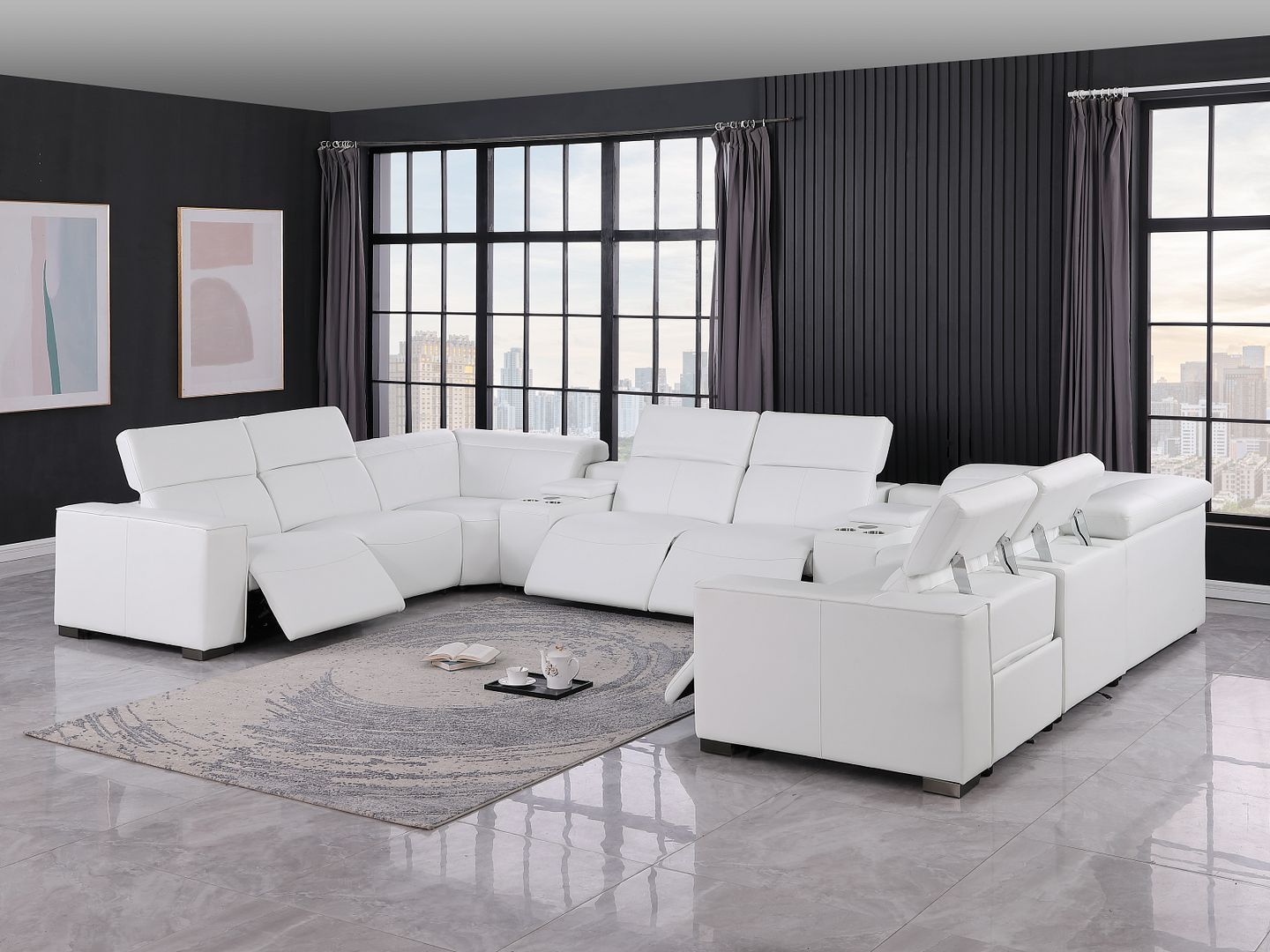 1208 - 10 Piece U Shaped Leather Sectional With 4 Power Recliners & Power Headrest