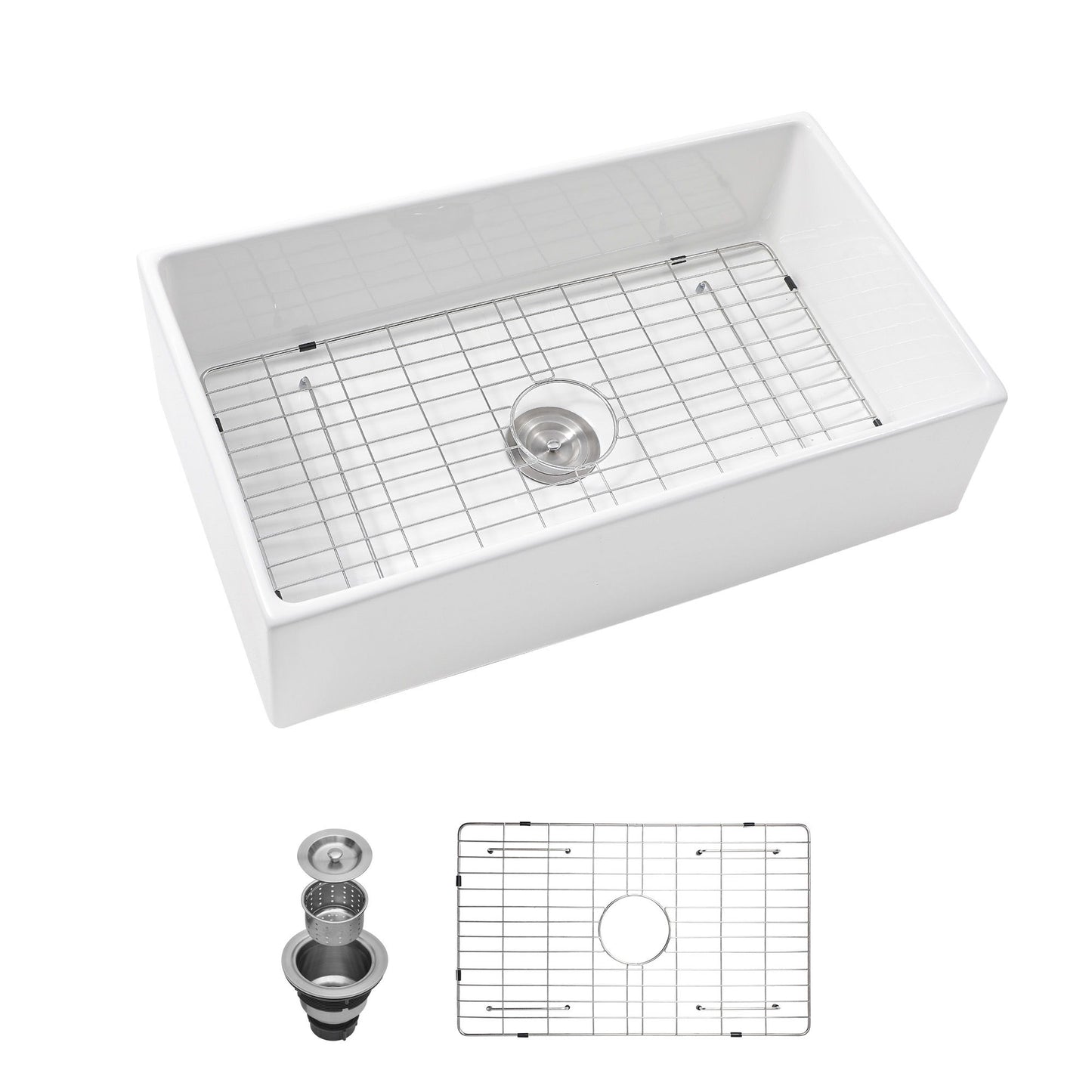 33" Undermount Sink With Apron Front, Single Bowl, Grid - White
