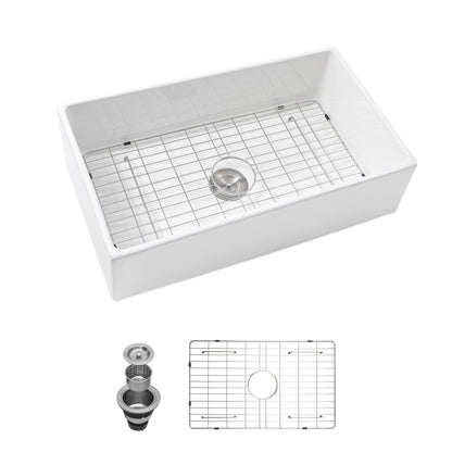 33" Undermount Sink With Apron Front, Single Bowl, Grid - White