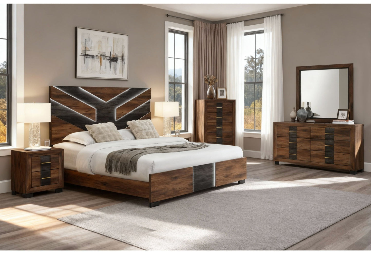 Optimus - 5 Piece King Bedroom Set - Black / Brown